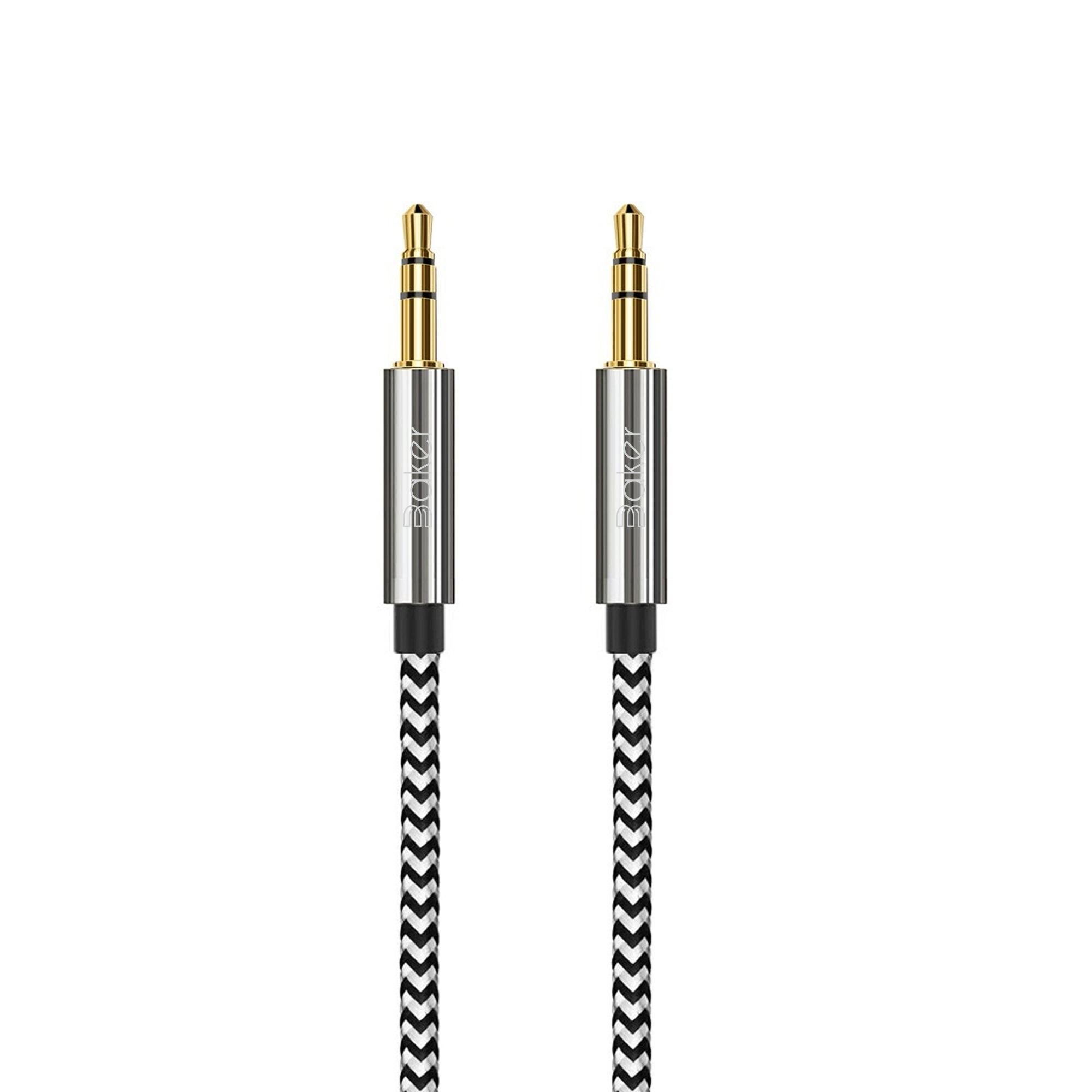 Zwei Audiokabel mit vergoldeten Steckern und geflochtenen schwarz-weißen Kabeln. Goldfarbene Klinkenstecker.