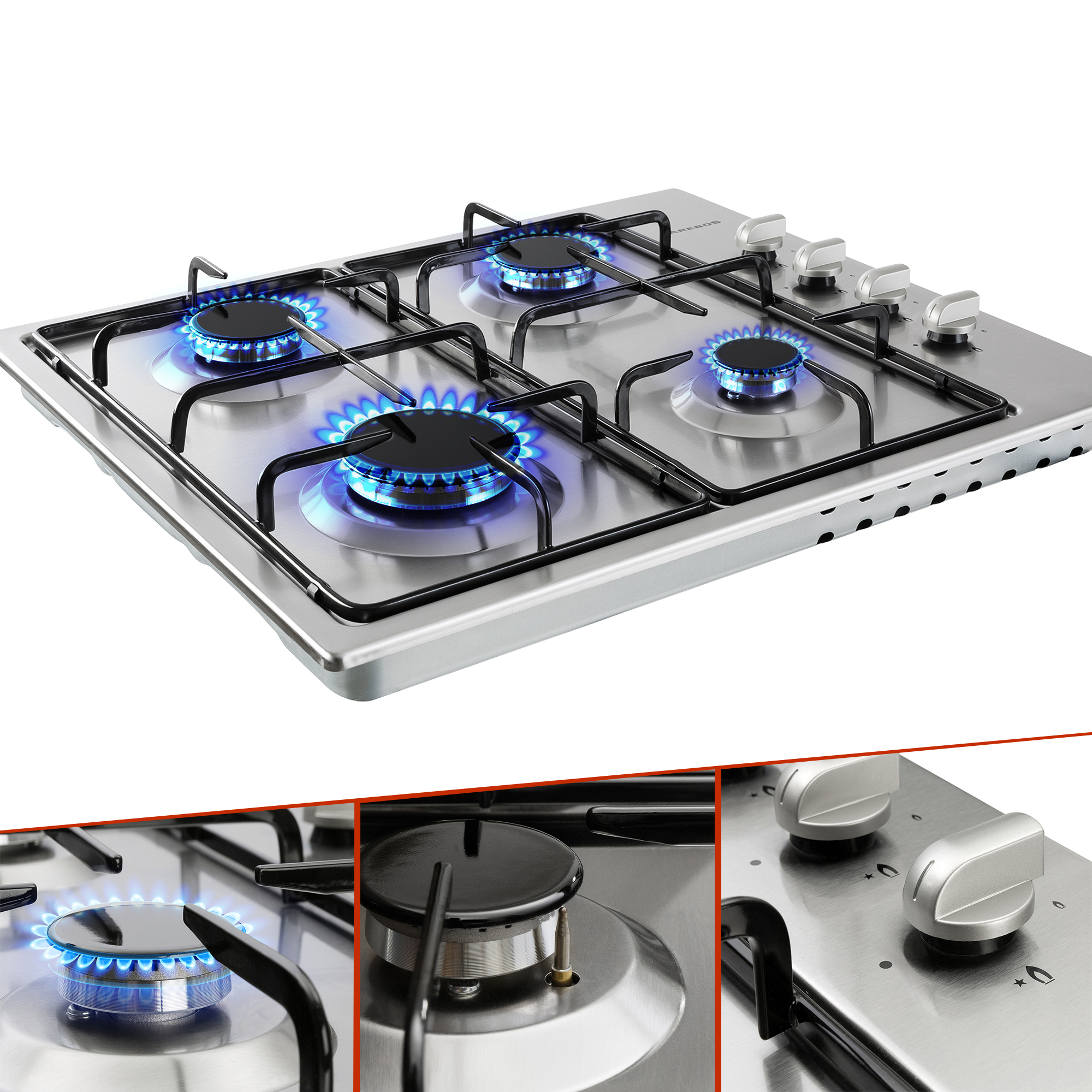 Edelstahlherd mit 4 Brennern, die mit blauen Flammen brennen, und Bedienknöpfen.