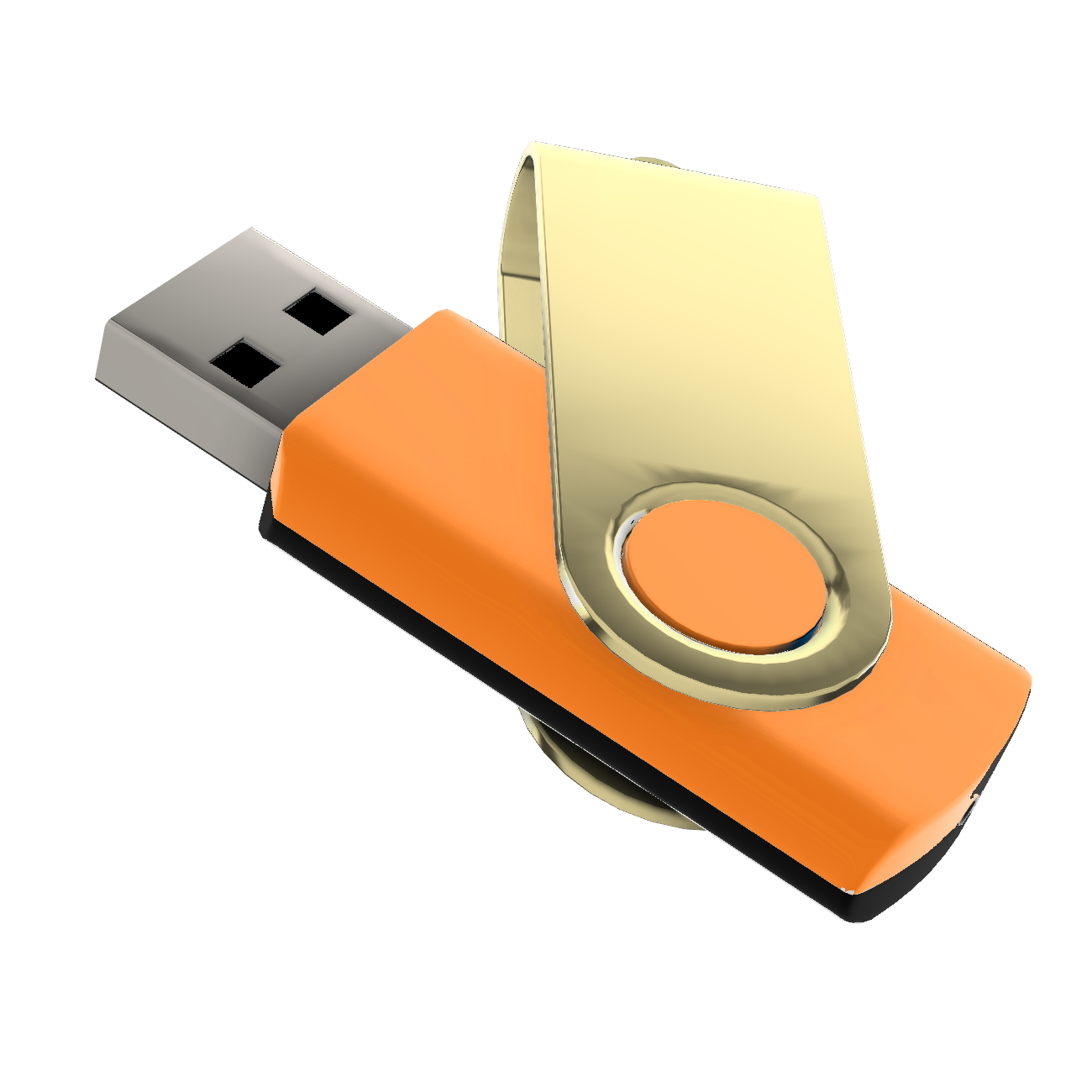Ein orangefarbener USB-Stick mit goldfarbener Drehklappe. Der USB-Anschluss ist silberfarben.