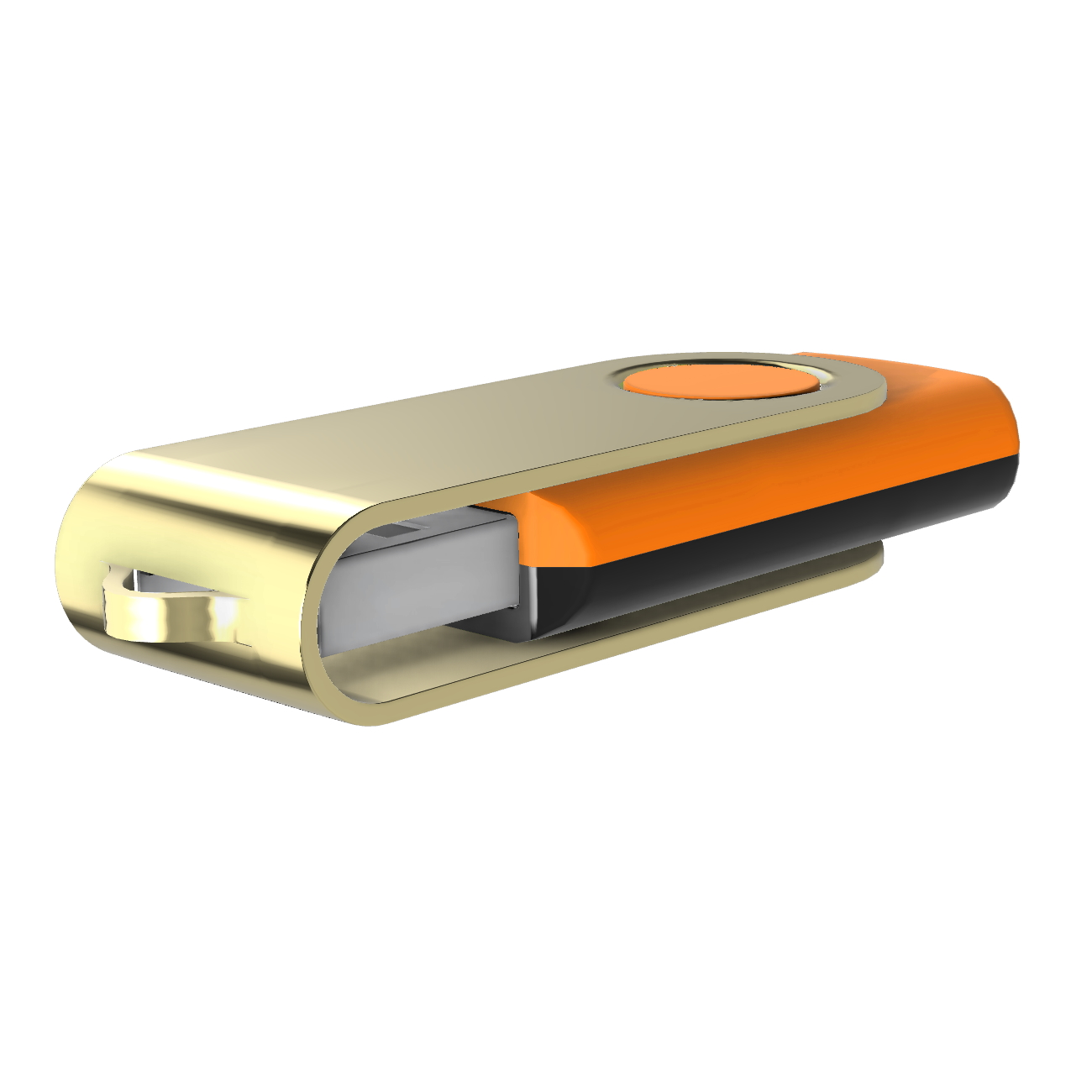 Ein USB-Stick, gold und orange, auf weißem Hintergrund. Der USB-Anschluss ist silberfarben. Es ist ein modernes, elegantes Design.