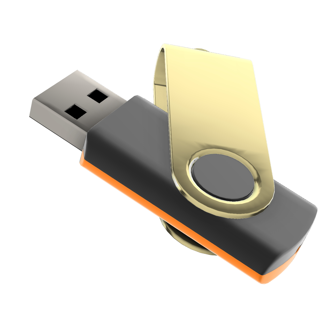Ein USB-Stick. Er hat einen schwarzen Körper mit einem orangefarbenen Streifen, einen silbernen USB-Anschluss und eine goldene Drehschutzhülle.