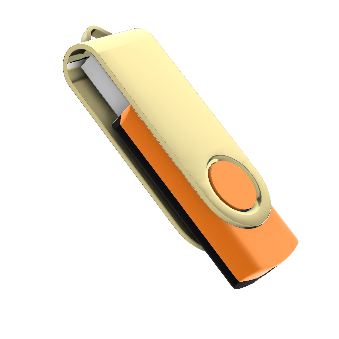 Ein USB-Stick. Er hat ein goldfarbenes Metallgehäuse und ein orangefarbenes Kunststoffende mit einem kreisförmigen Knopf.