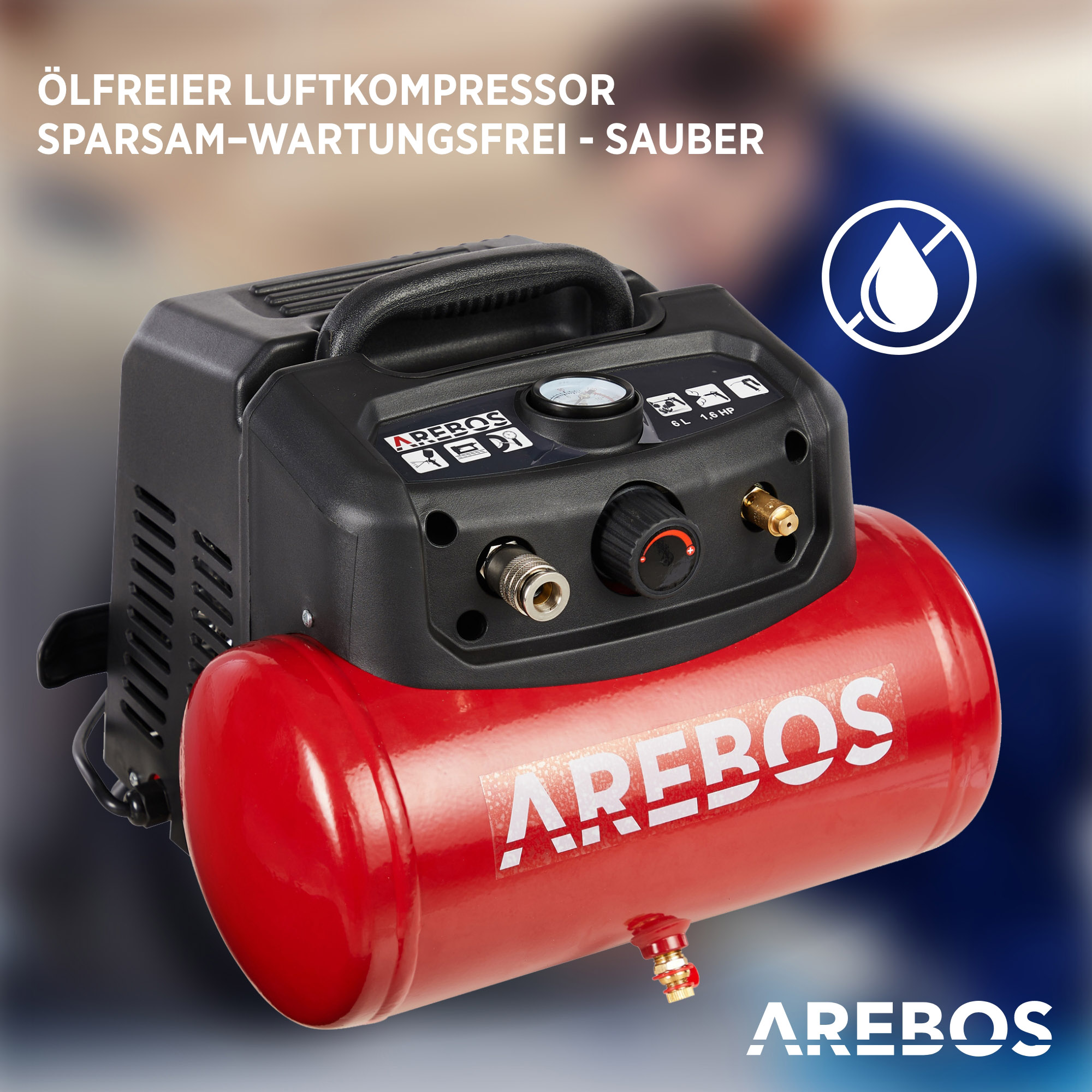 Ein roter Luftkompressor mit schwarzen Teilen und einem Griff. Rechts ein Wassertropfen-Symbol.