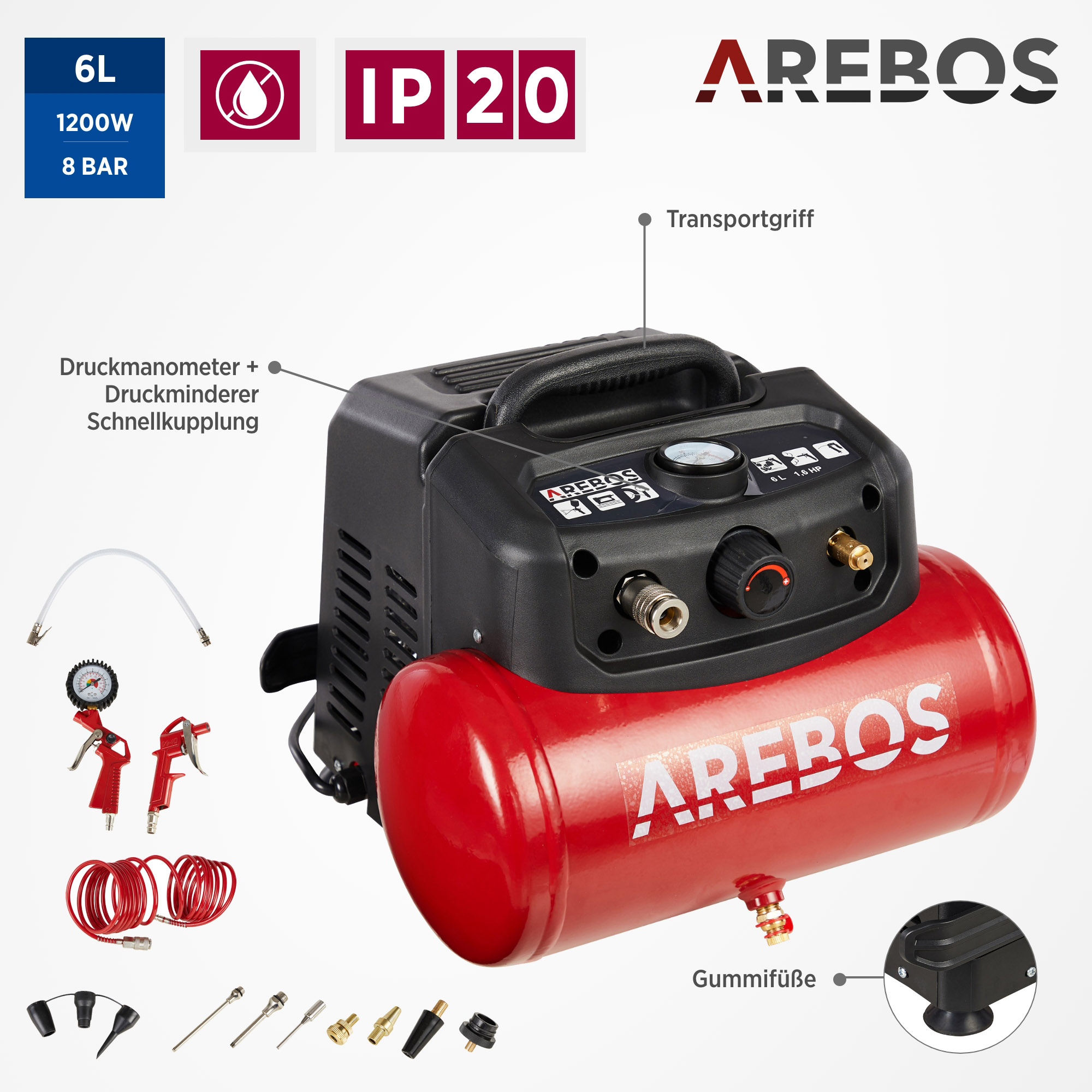 | Luftschlauch | Extra langer Rot 13-tlg. AREBOS Abschaltautomatik Druckluft-Werkzeug-Set Luftkompressor, | inkl. ölfrei