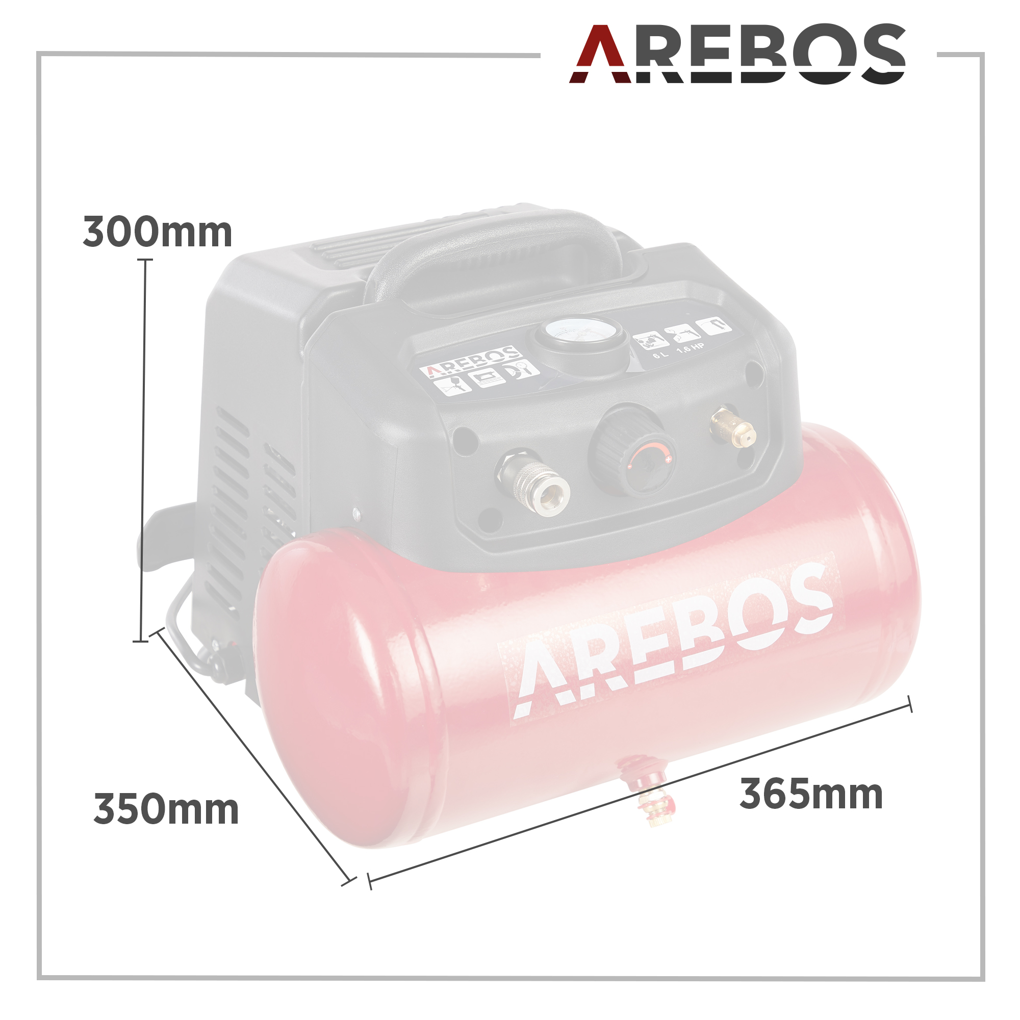 Roter Luftkompressor mit schwarzem Oberteil, Abmessungen und Arebos Logo.