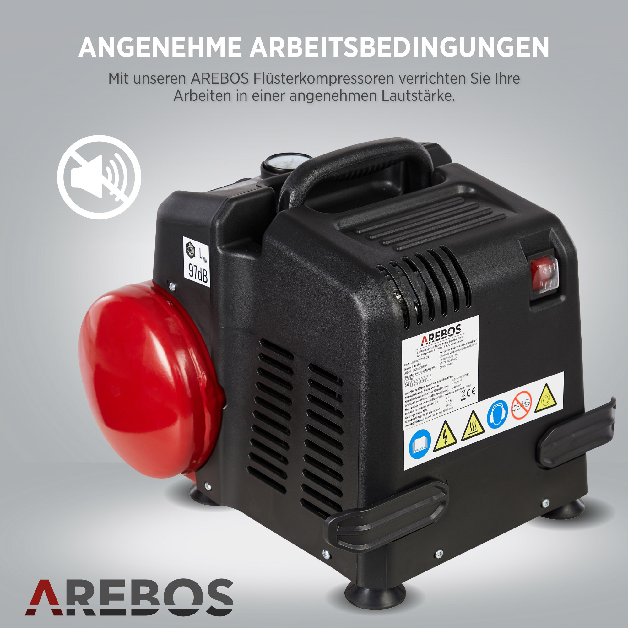 AREBOS inkl. 13-tlg. Druckluft-Werkzeug-Set langer Luftkompressor, Extra | Rot ölfrei Abschaltautomatik | Luftschlauch 