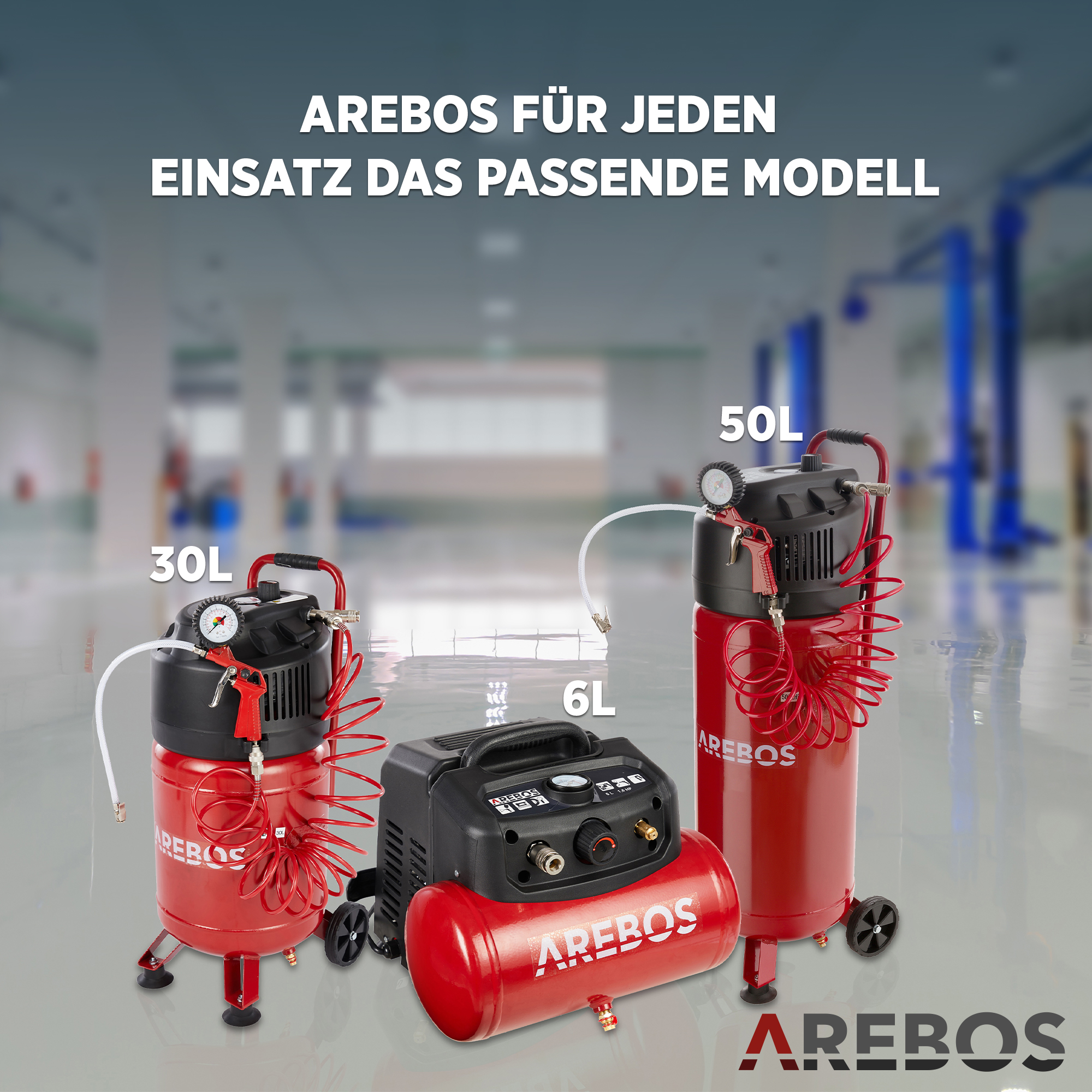 AREBOS Luftkompressor, Rot Luftschlauch inkl. langer | | ölfrei 13-tlg. Abschaltautomatik | Druckluft-Werkzeug-Set Extra