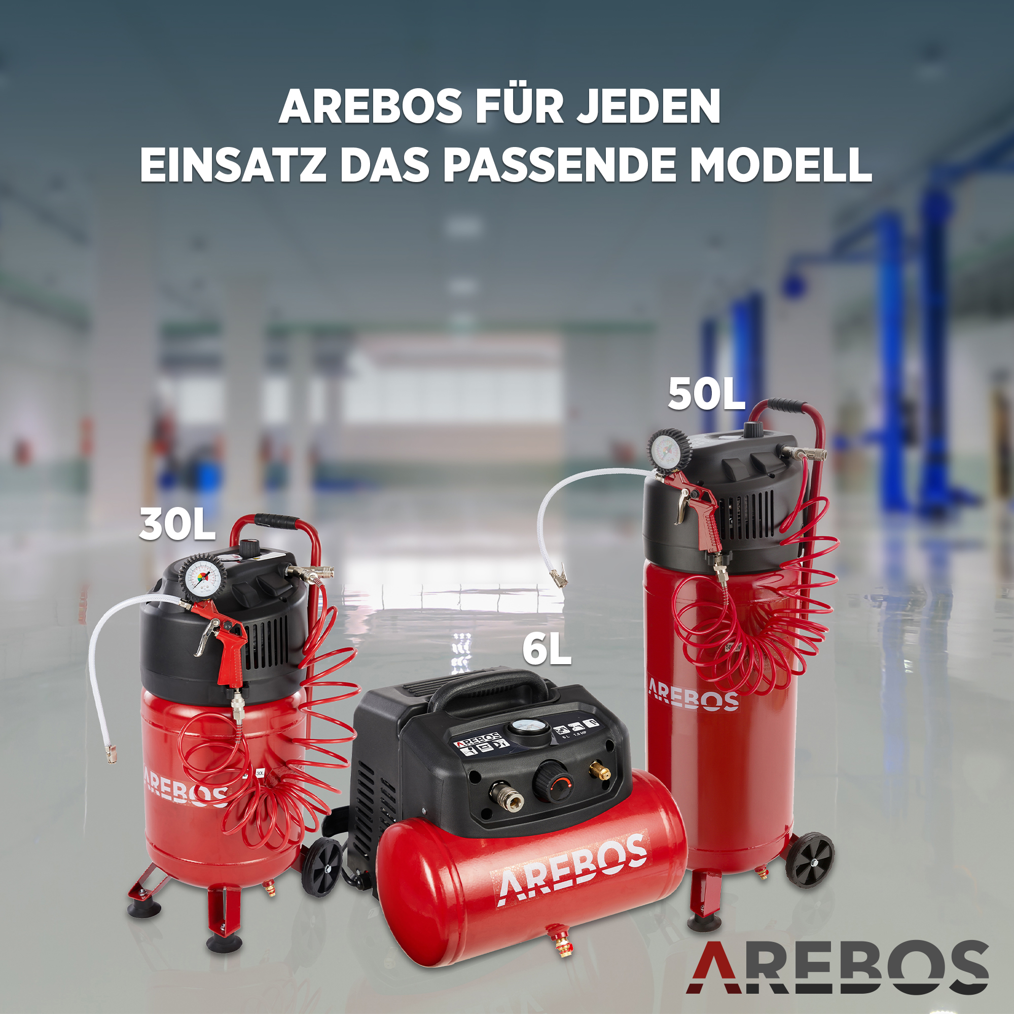 Drei rote Luftkompressoren in verschiedenen Größen. Markenname Arebos ist sichtbar.