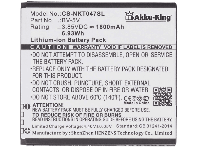 Nokia 3.85 mit Li-Ion 1800mAh Volt, AKKU-KING Handy-Akku, kompatibel BV-5V Akku