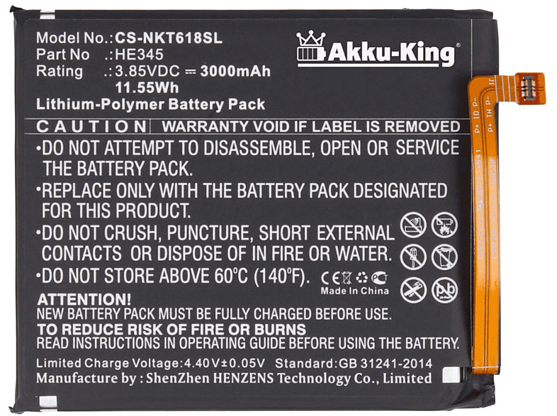 3.85 mit Nokia Akku Volt, 3000mAh Li-Polymer kompatibel Handy-Akku, AKKU-KING HE345