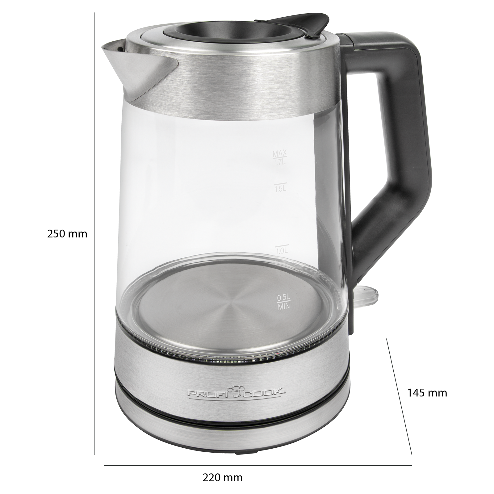 Szklany czajnik elektryczny ze stalową podstawą i czarnym uchwytem.