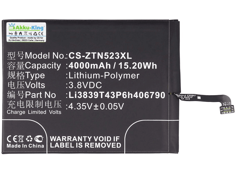 AKKU-KING Akku kompatibel mit ZTE Li3839T43P6h406790 Li-Polymer Handy ...