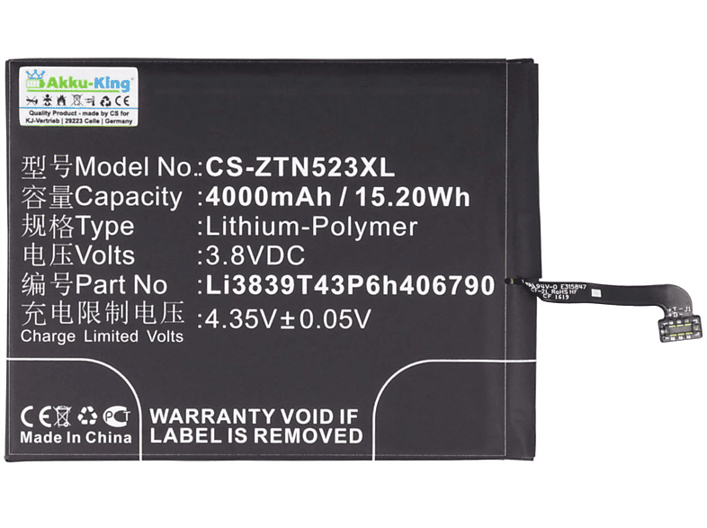 AKKU-KING Akku kompatibel Handy-Akku, Li3839T43P6h406790 Li-Polymer ZTE 3.8 Volt, 4000mAh mit