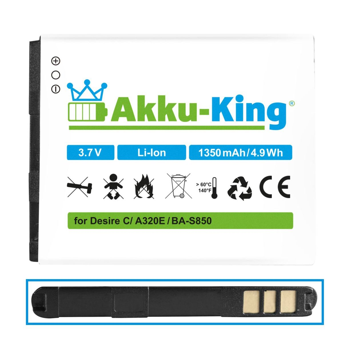 mit Volt, Handy-Akku, Akku 1350mAh 3.7 AKKU-KING HTC BA-S850 kompatibel Li-Ion