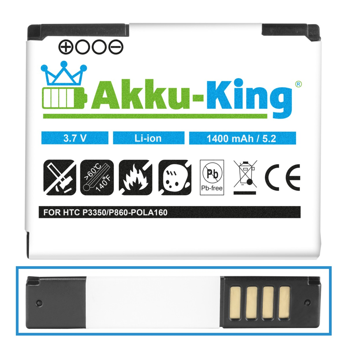 Handy-Akku, 1400mAh Volt, mit Akku POLA160 AKKU-KING HTC 3.7 Li-Ion kompatibel