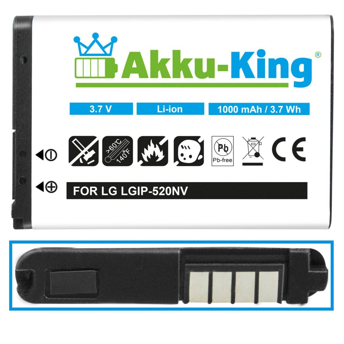 kompatibel AKKU-KING mit Akku Handy-Akku, LGIP-520N 3.7 1000mAh LG Volt, Li-Ion
