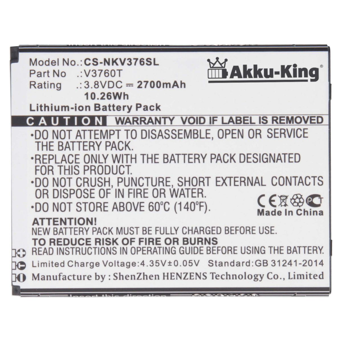 2700mAh AKKU-KING Nokia Akku V3760T mit Volt, kompatibel Li-Ion Handy-Akku, 3.8