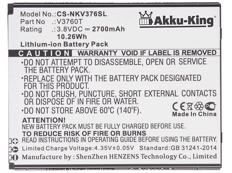 AKKU-KING Akku kompatibel mit Nokia Li-Ion 3.8 Volt, V3760T Handy-Akku, 2700mAh