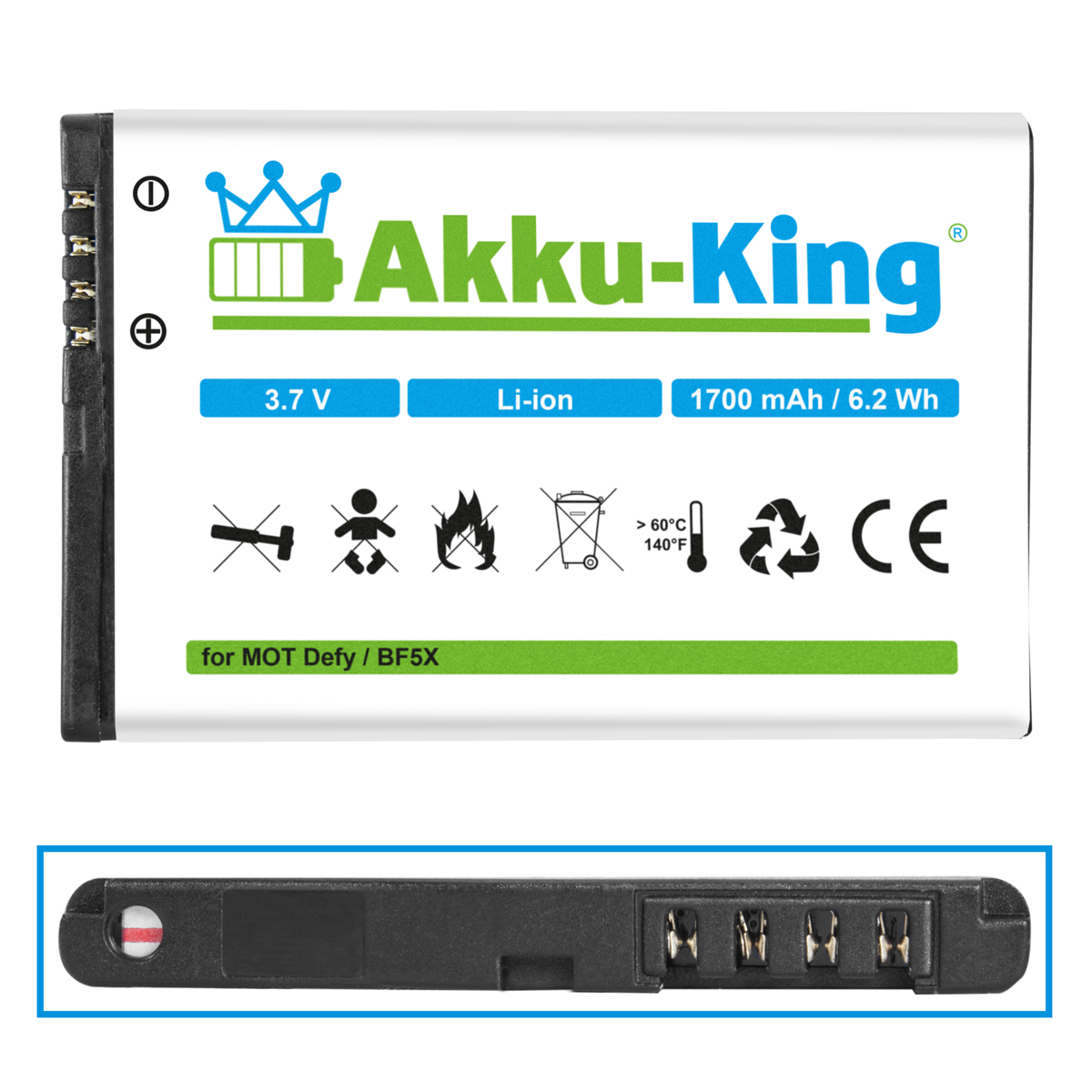 3.7 Akku Li-Ion Volt, 1700mAh mit kompatibel Motorola Handy-Akku, AKKU-KING SNN5877A