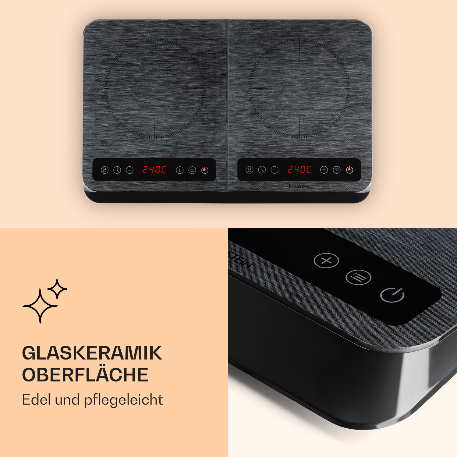 Zwei schwarze Induktionskochfelder mit Digitalanzeigen. Nahaufnahme zeigt Keramikoberfläche.