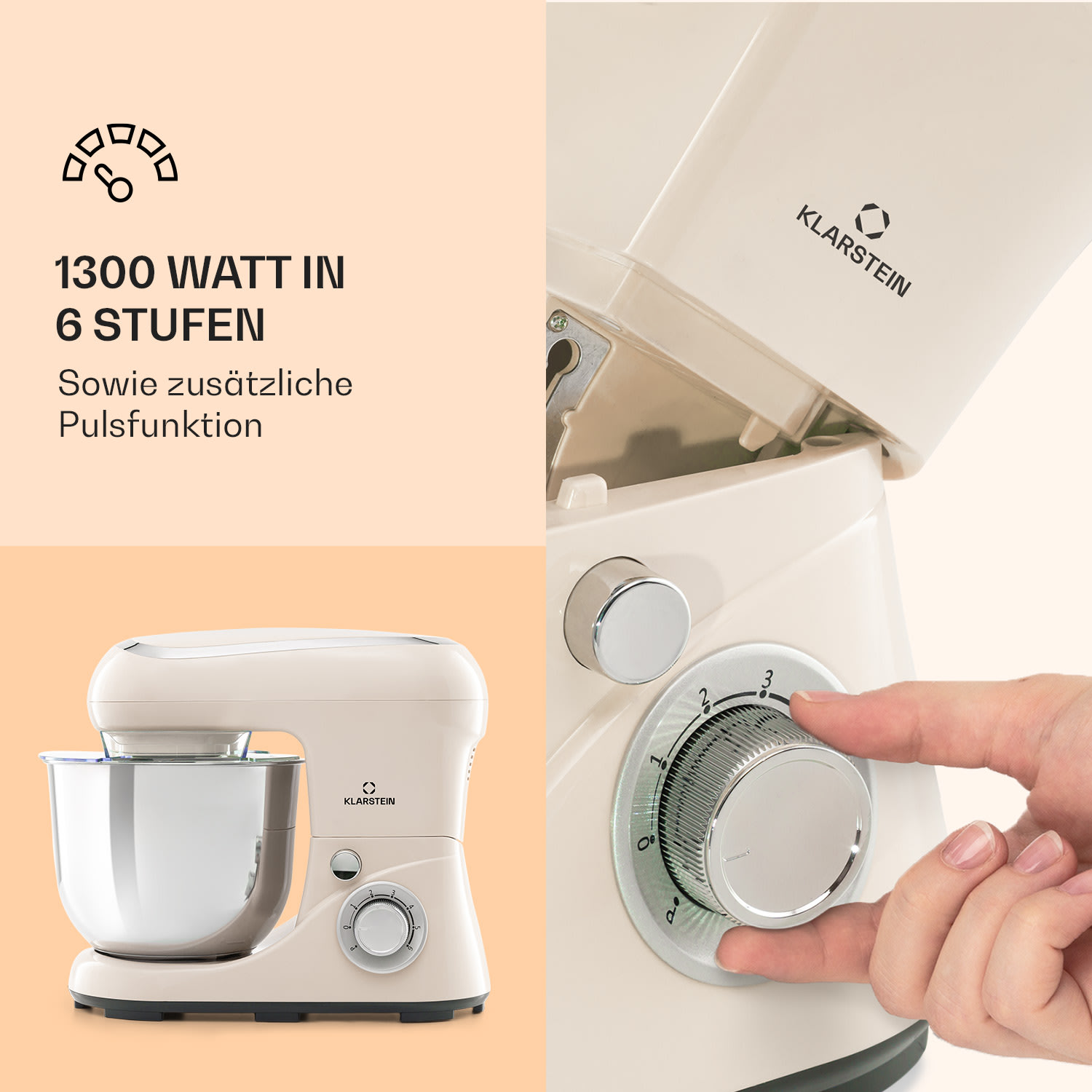 Un mixer da cucina color crema con testo e una mano che gira un quadrante.