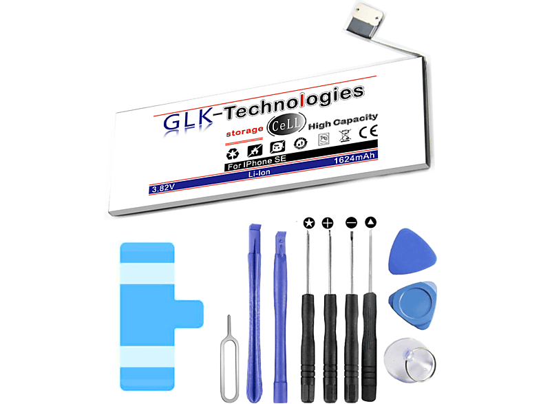 GLK-TECHNOLOGIES High für Lithium-Ionen, Set Werkzeug mAh iPhone Akku Ersatz Smartphone 1624 Volt, Akku, SE Ersatz 2016 3.8 inkl. 1624mAh Power Battery Lithium-Ionen-Akku