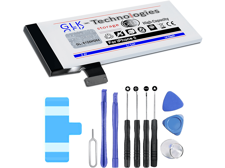 GLK-TECHNOLOGIES Verbesserter Ersatz Lithium-Ionen, Lithium-Ionen-Akku inkl. mAh Volt, Smartphone | 5 Battery für Set Werkzeug 1470 Akku, 3.8 Akku Ersatz 1470mAh iPhone