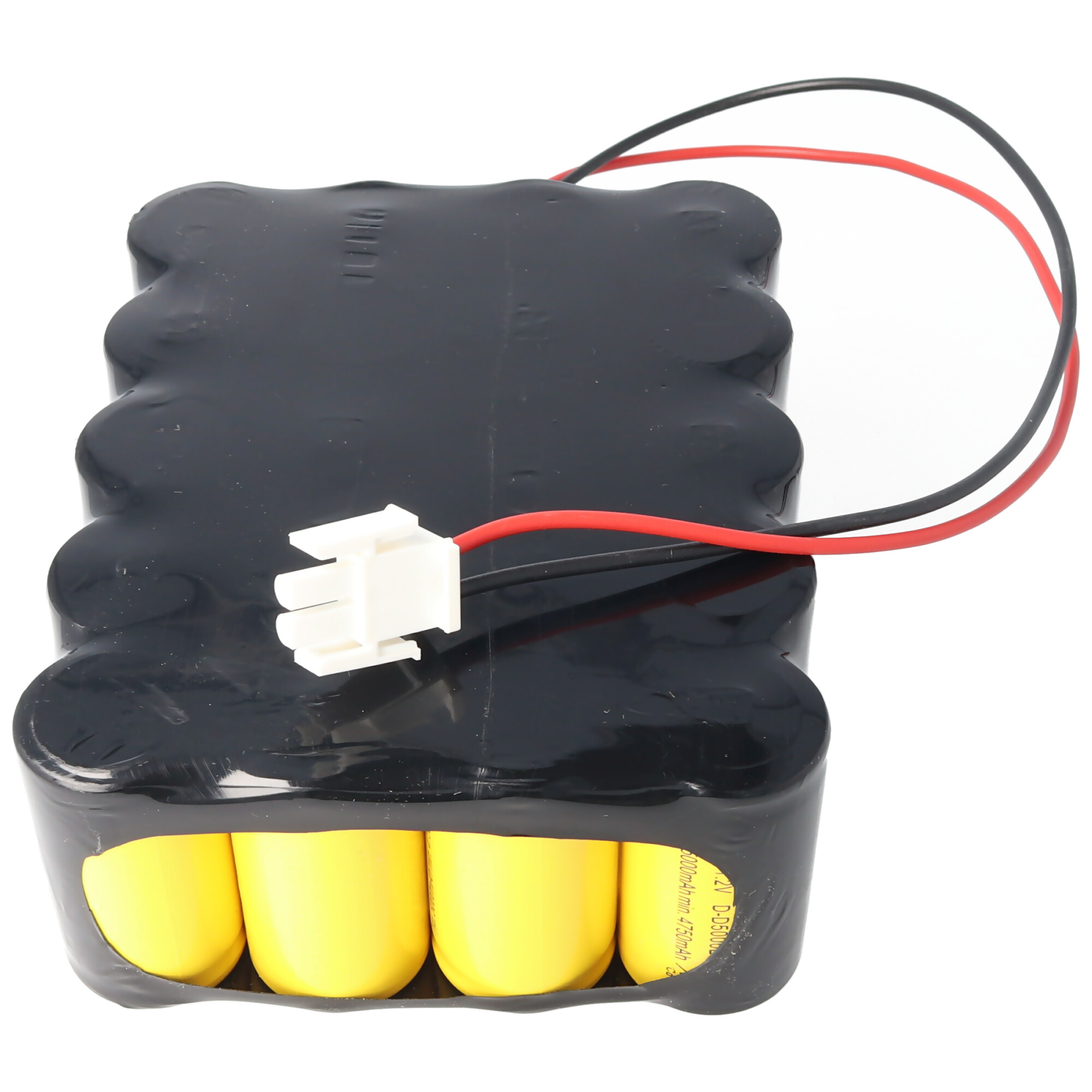 Schwarzes Batteriepack mit gelben Zellen, weißem Stecker und roten und schwarzen Drähten.
