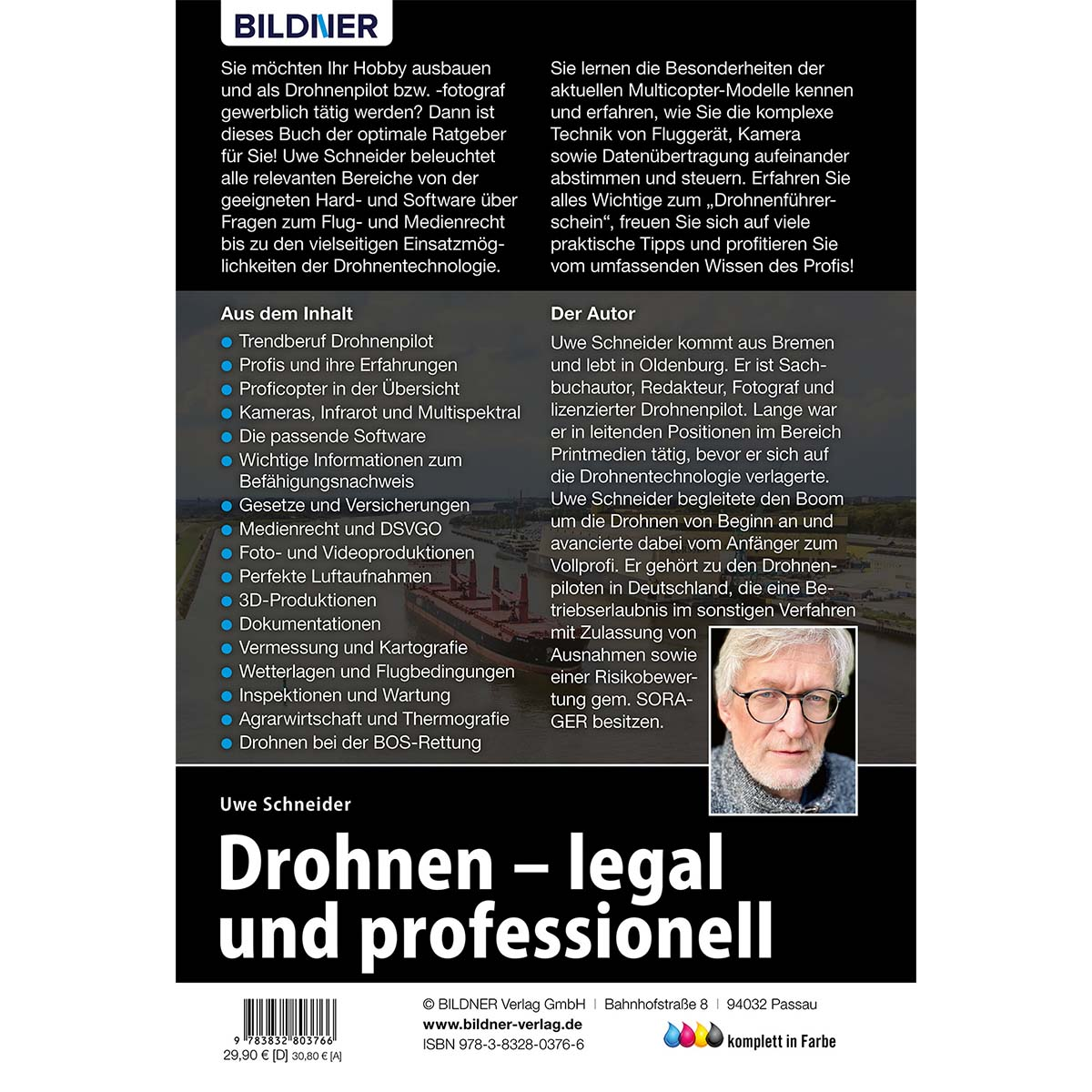 Buchcover mit einem Männerporträt und Text über Drohnen. Das Buch ist farbig.