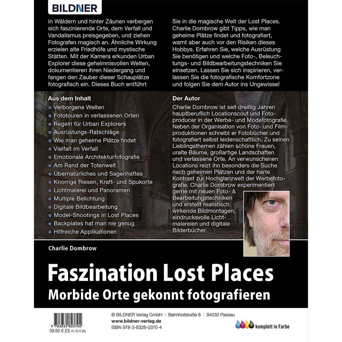 Ein Buchcover mit Text und Bild, das sich auf Fotografie und verlorene Orte bezieht.