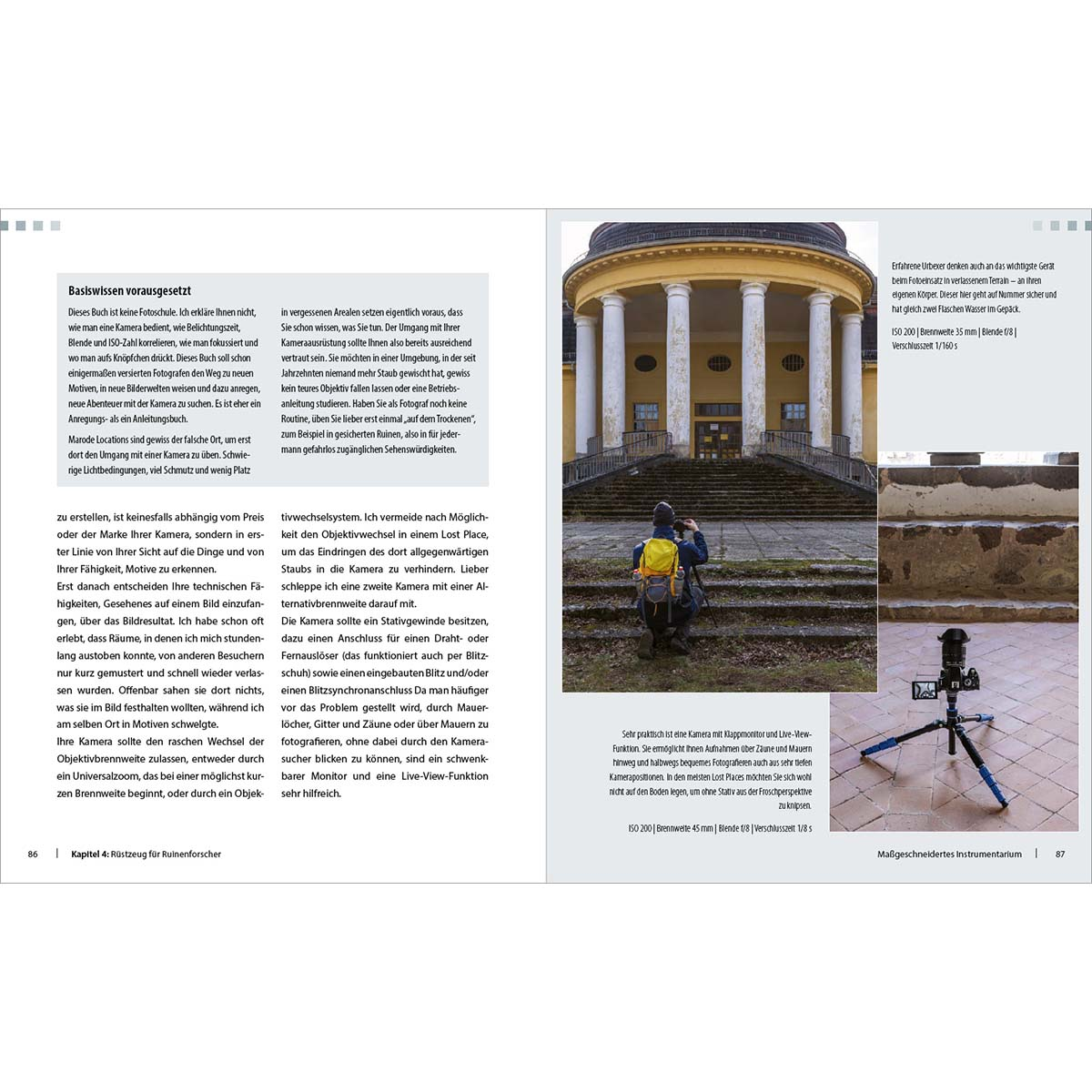 Eine Seite aus einem Buch über Fotografie mit Fotos eines Gebäudes und eines Stativs.