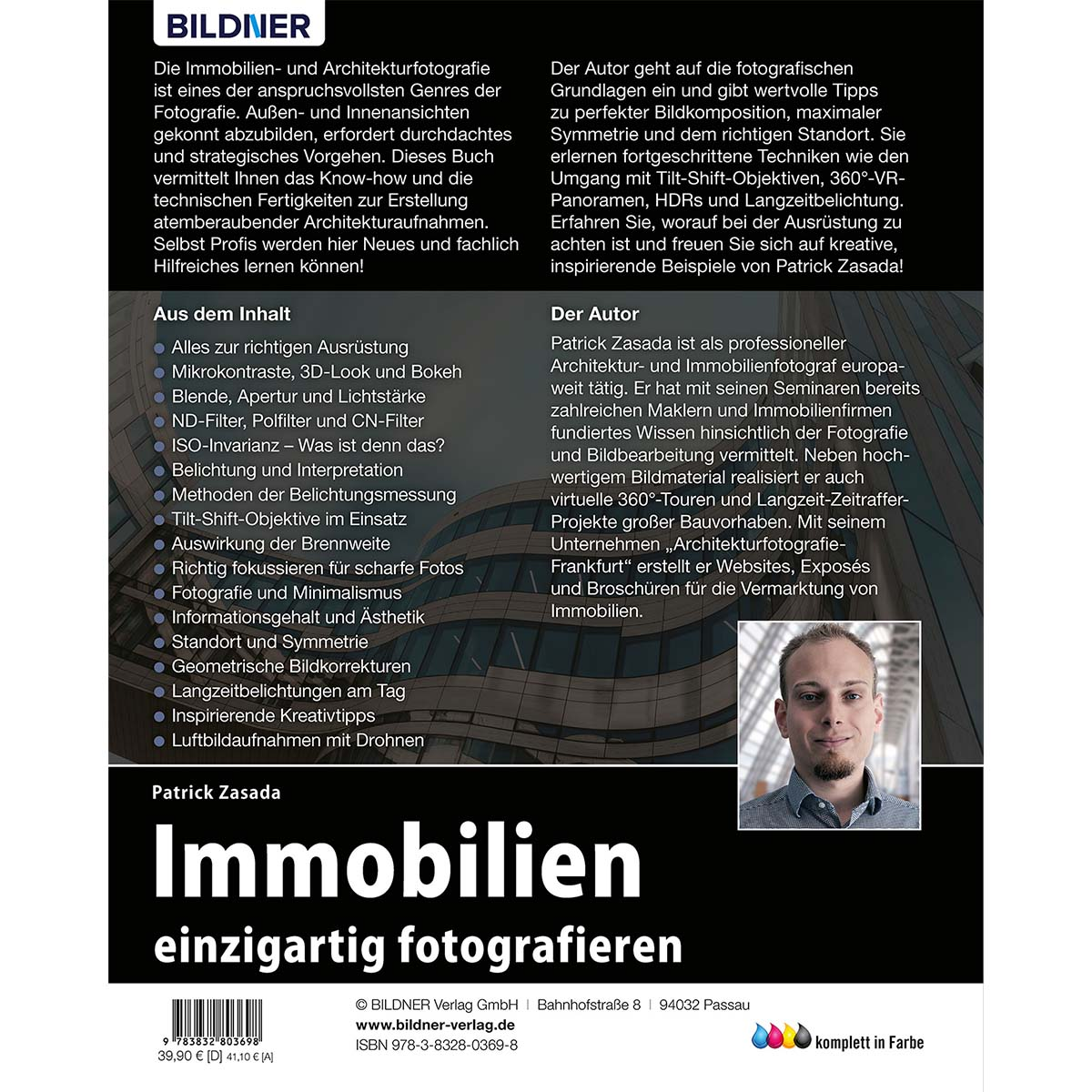 Ein Buchcover mit Text und einem Porträt. Das Buch trägt den Titel 'Immobilien einzigartig fotografieren'.