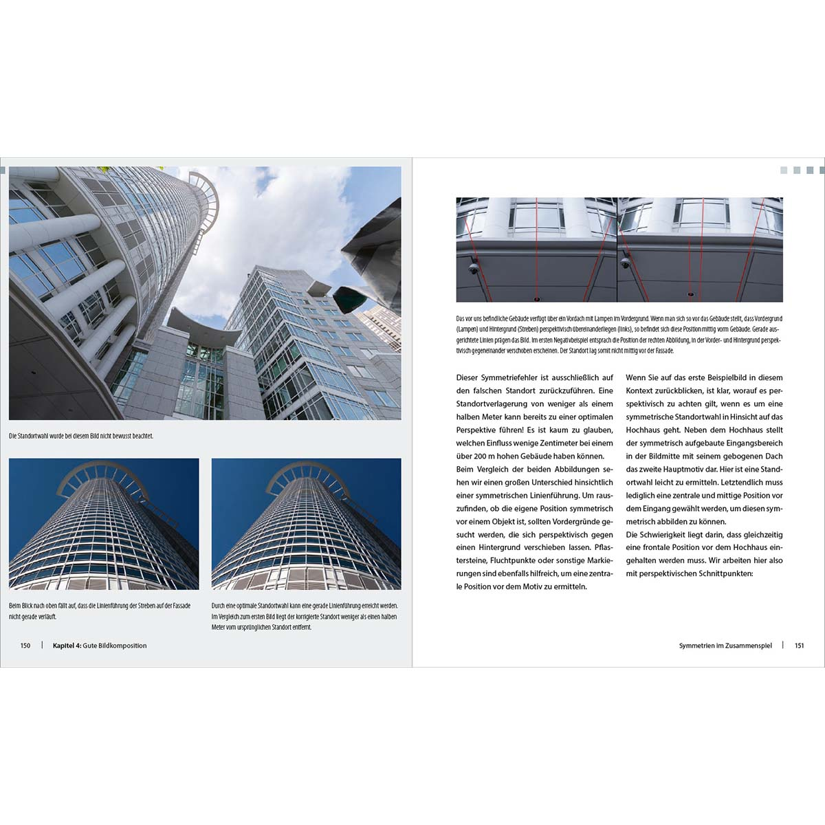 Eine Buchseite mit architektonischen Perspektiven von zwei hohen Gebäuden.