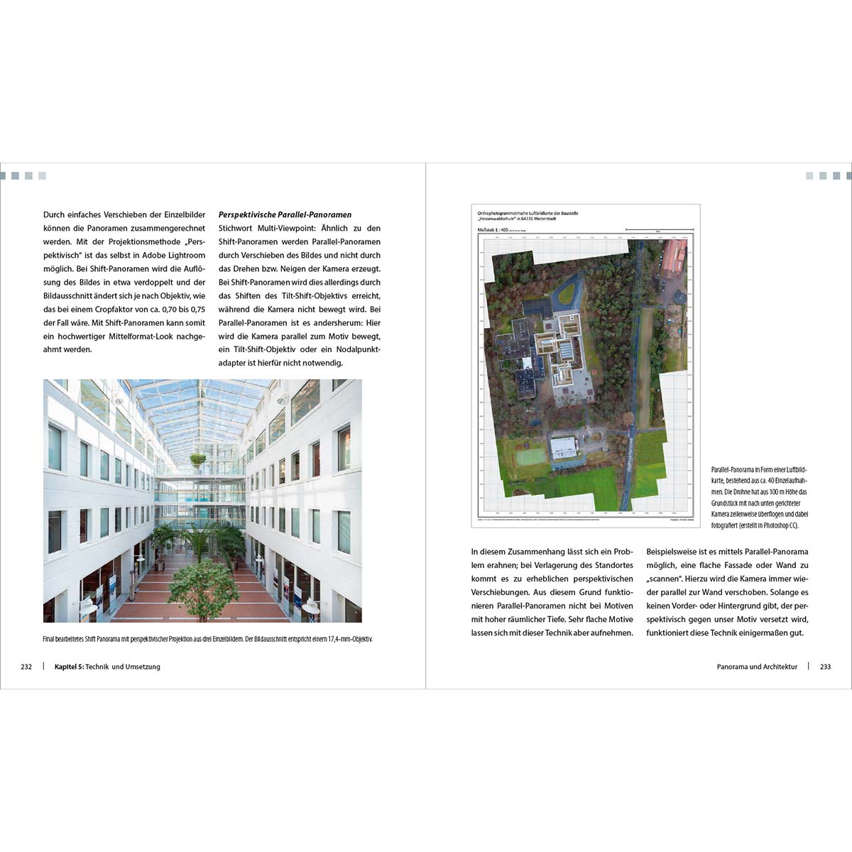 Eine Seite mit Text und Bildern über Panoramabilder. Die Bilder zeigen Gebäude und eine Karte.
