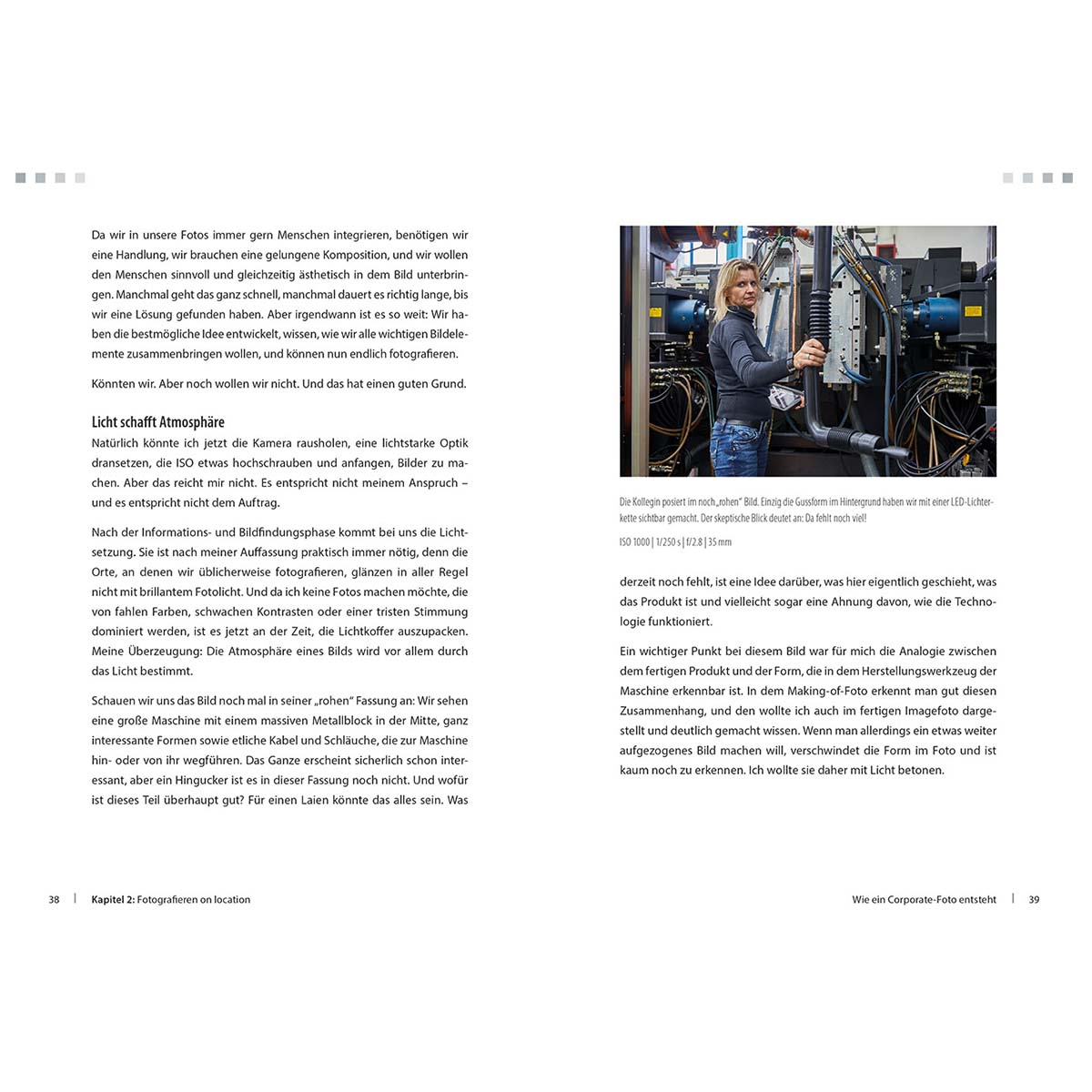 Textlastige Seite mit Frau in Fabrik; Diskussion über Fotografie und Beleuchtung.