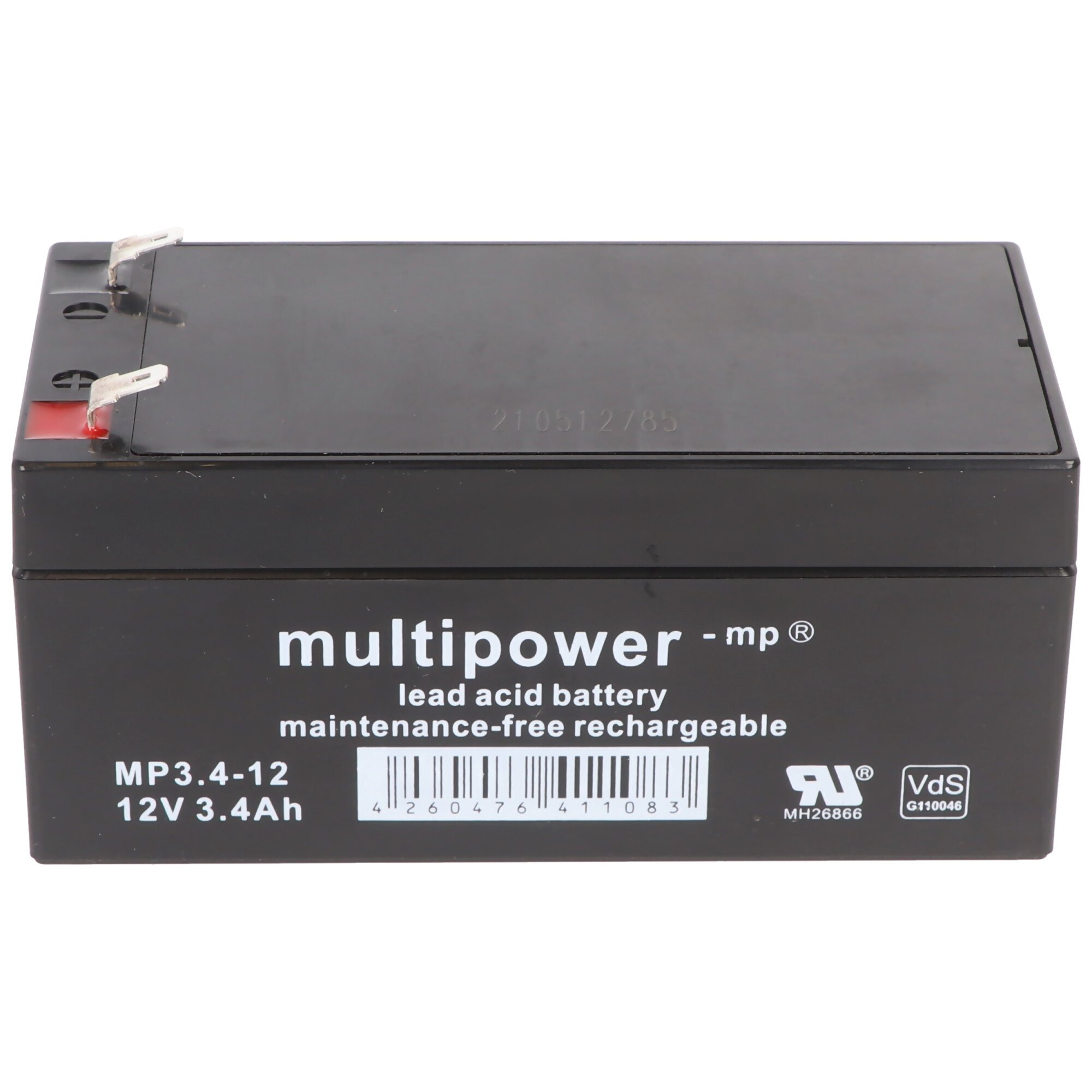 Schwarze rechteckige Batterie mit weißem Text, isoliert auf weißem Hintergrund.
