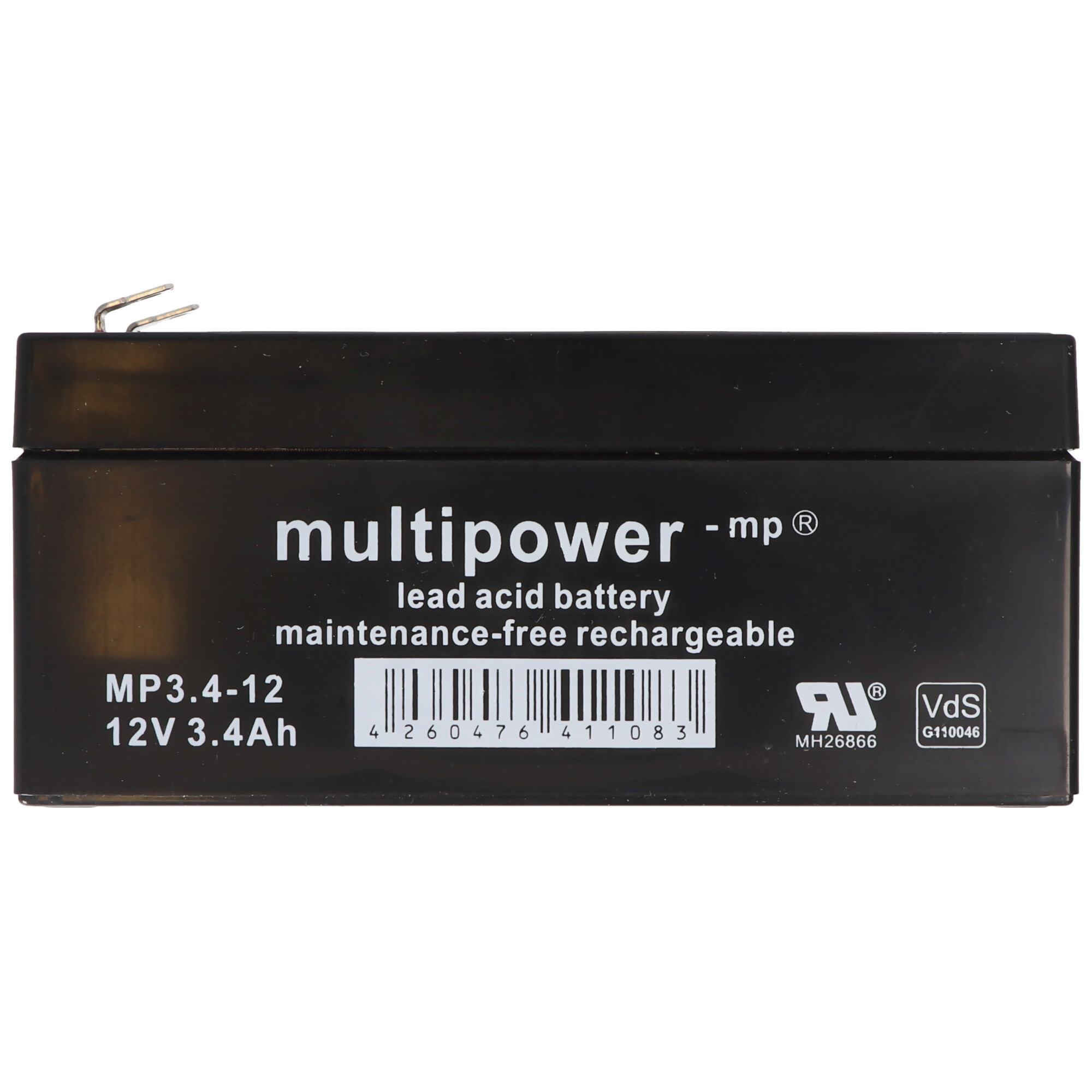 Schwarze rechteckige Batterie mit Text und Barcode.