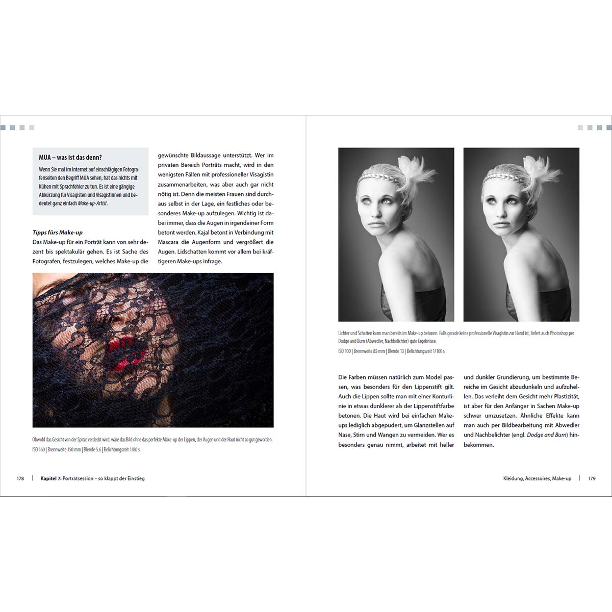 Doppelseite aus einer Zeitschrift über Make-up. Fotos einer Frau. Text und Bilder auf Weiß.