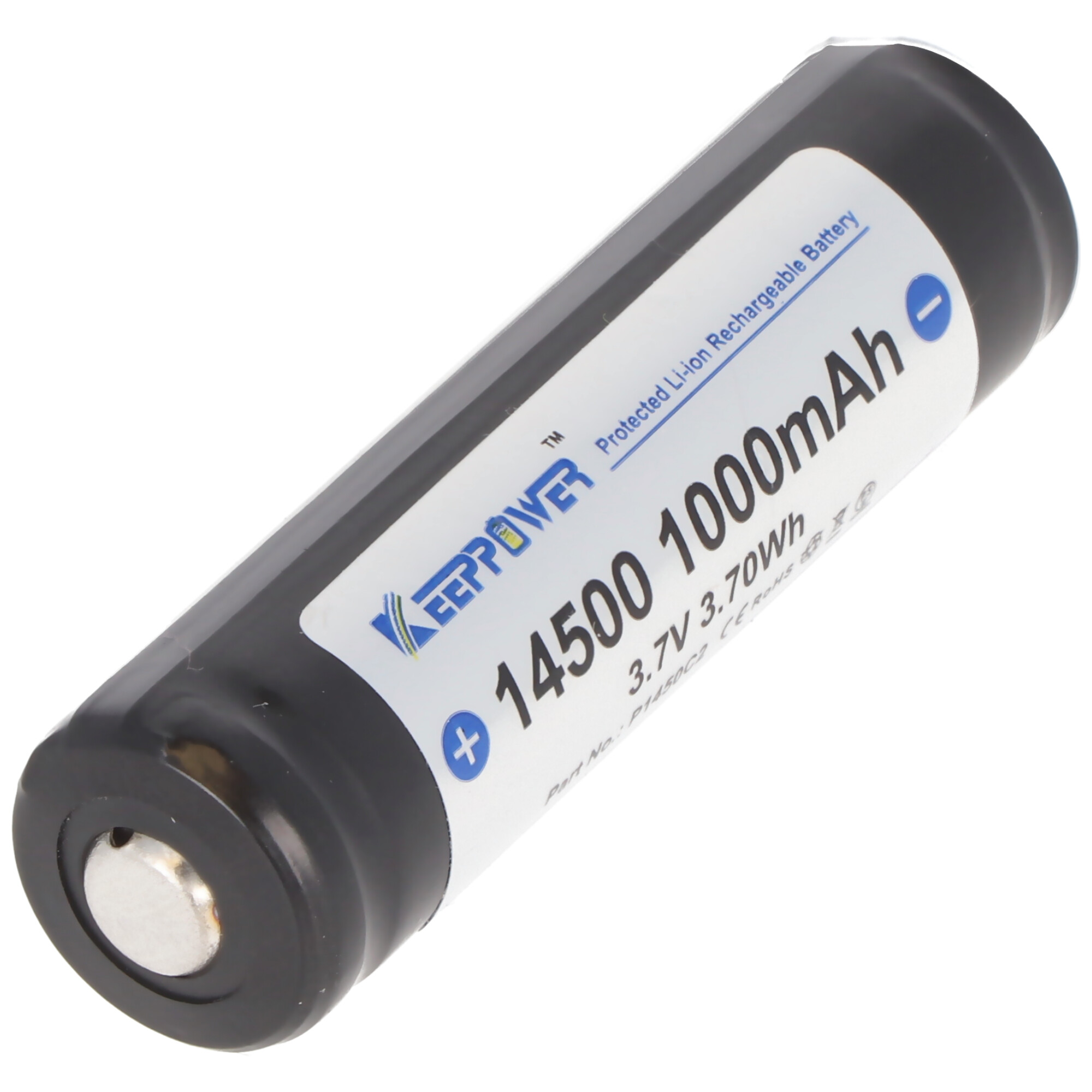 A black cylindrical battery with white label and text, angled on a white background.