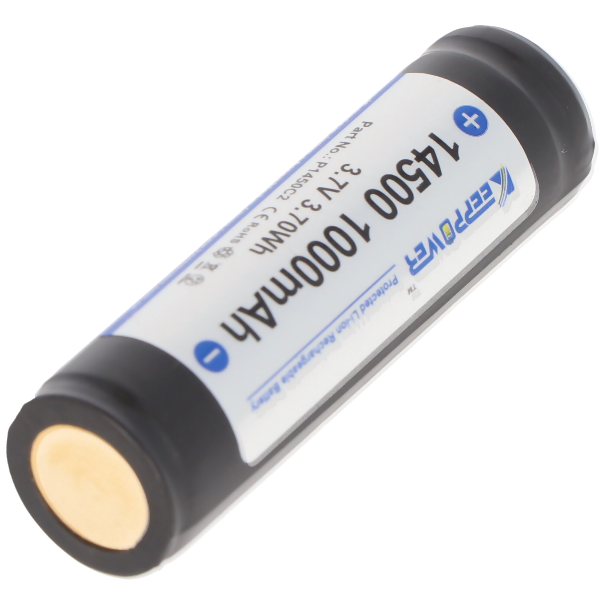 A cylindrical battery with blue and white label, featuring the Keepower logo.