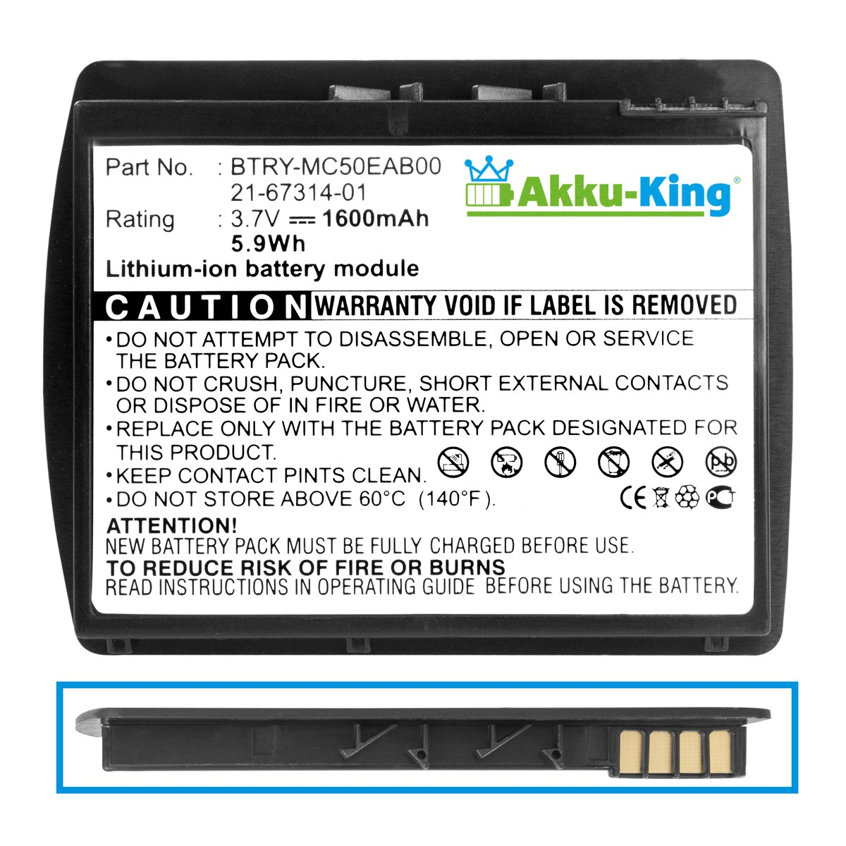 AKKU-KING Akku kompatibel 1600mAh Geräte-Akku, mit Li-Ion Volt, BTRY-MC50EAB00 3.7 Symbol