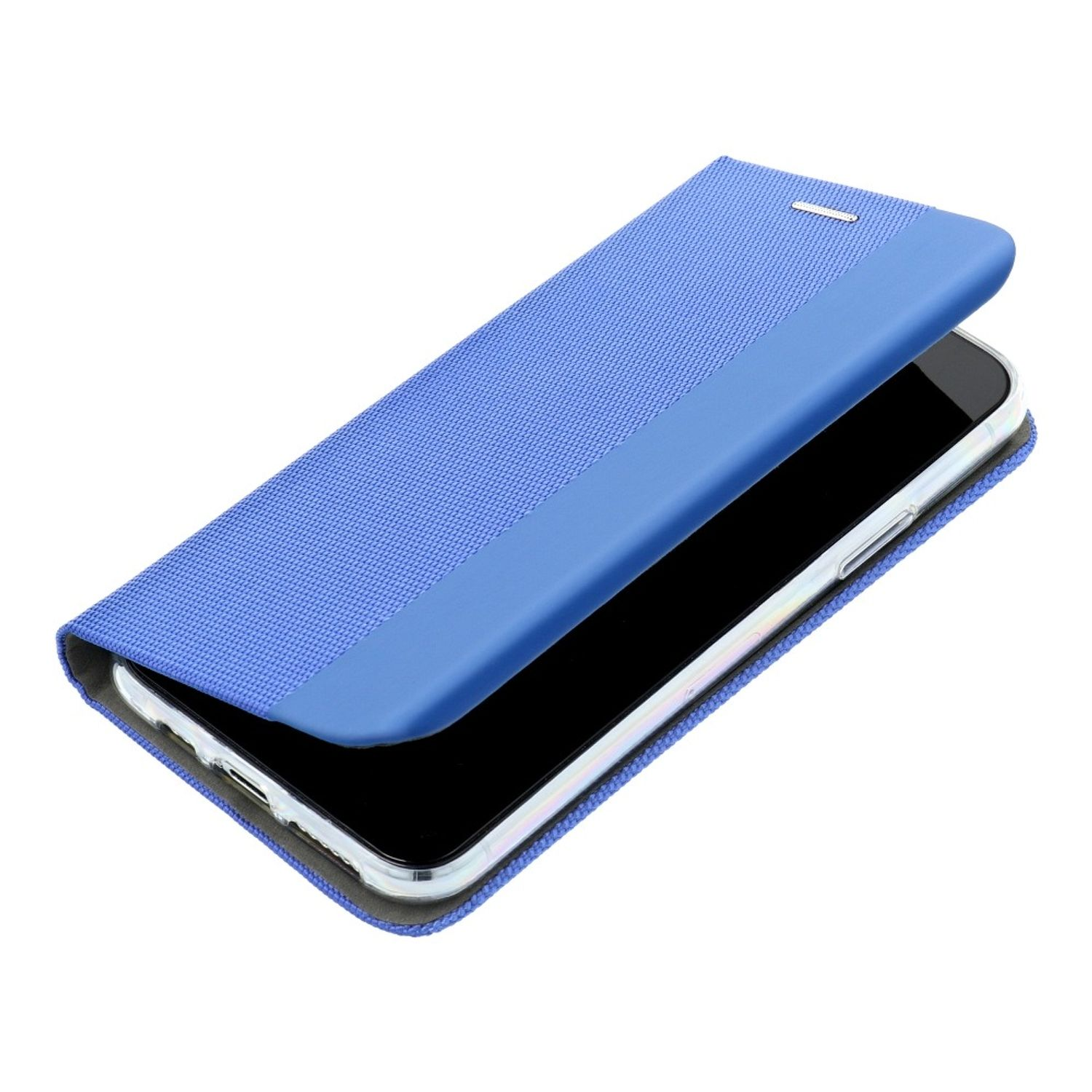 Eine blaue Handyhülle mit strukturierter oberer Abdeckung und einem schwarzen Telefon im Inneren.