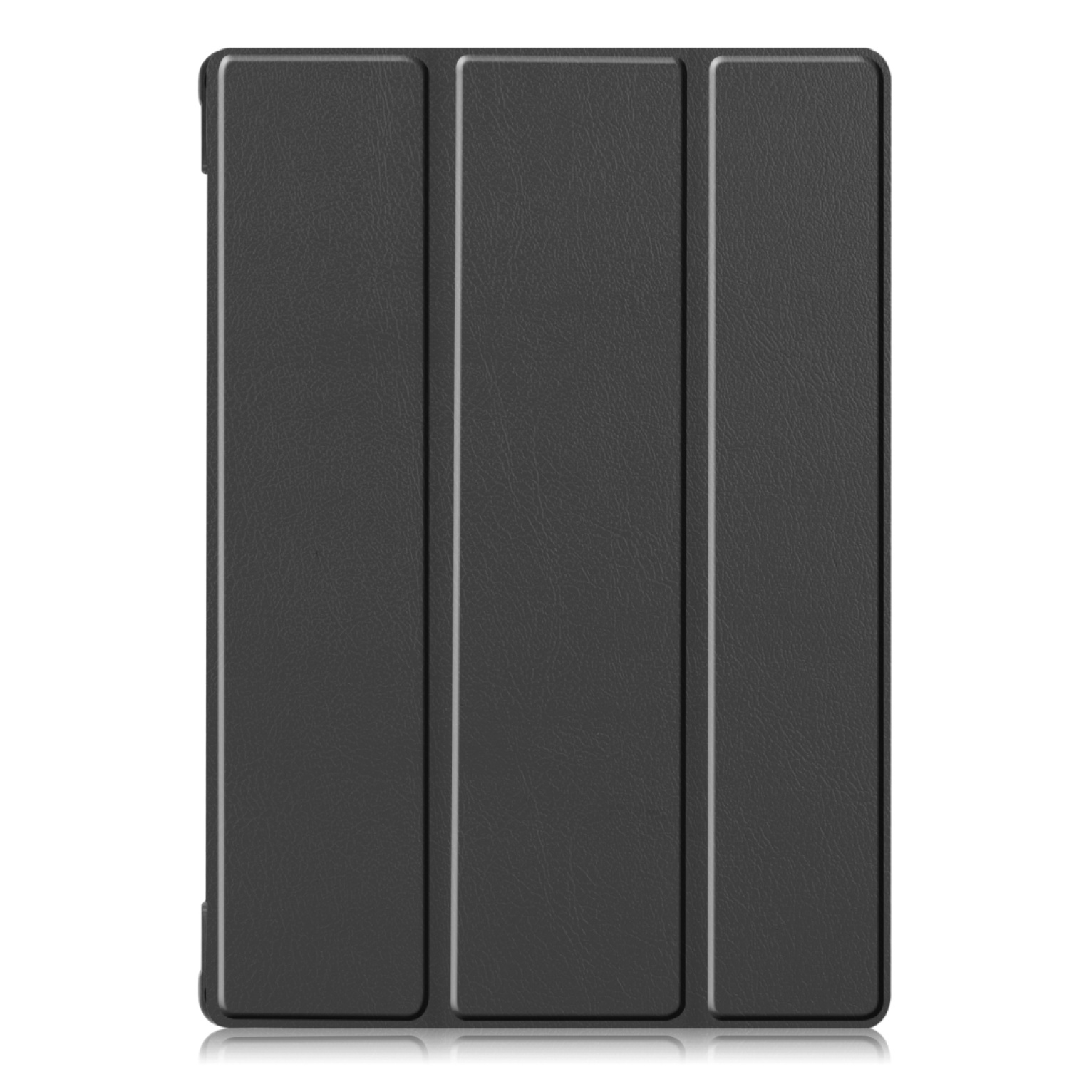 Geschlossene, schwarze Tablethülle mit drei vertikalen Paneelen, die Licht reflektieren.