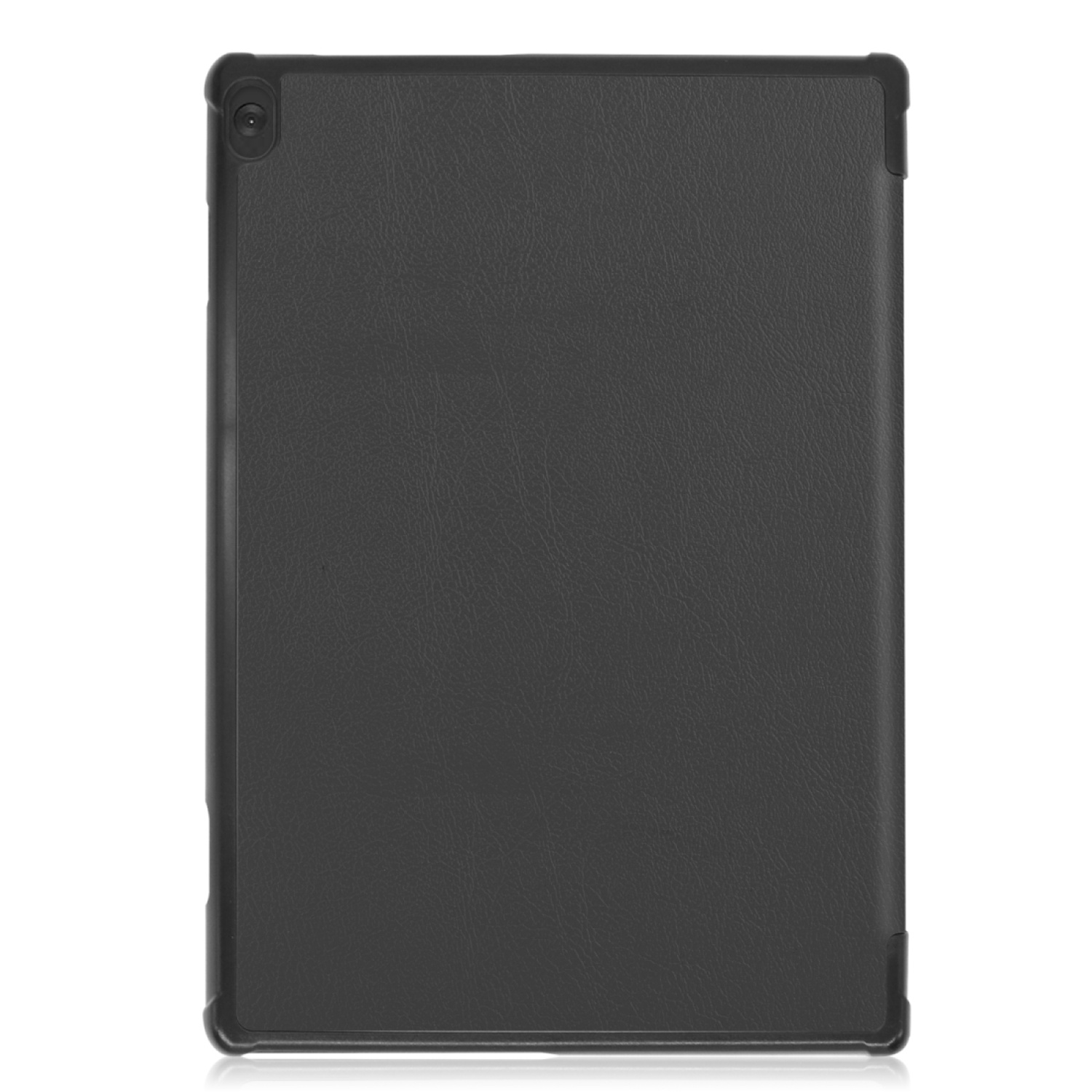 Schwarze Tablethülle auf weißem Hintergrund. Die Hülle ist geschlossen, mit einer glatten, dunklen Oberfläche.