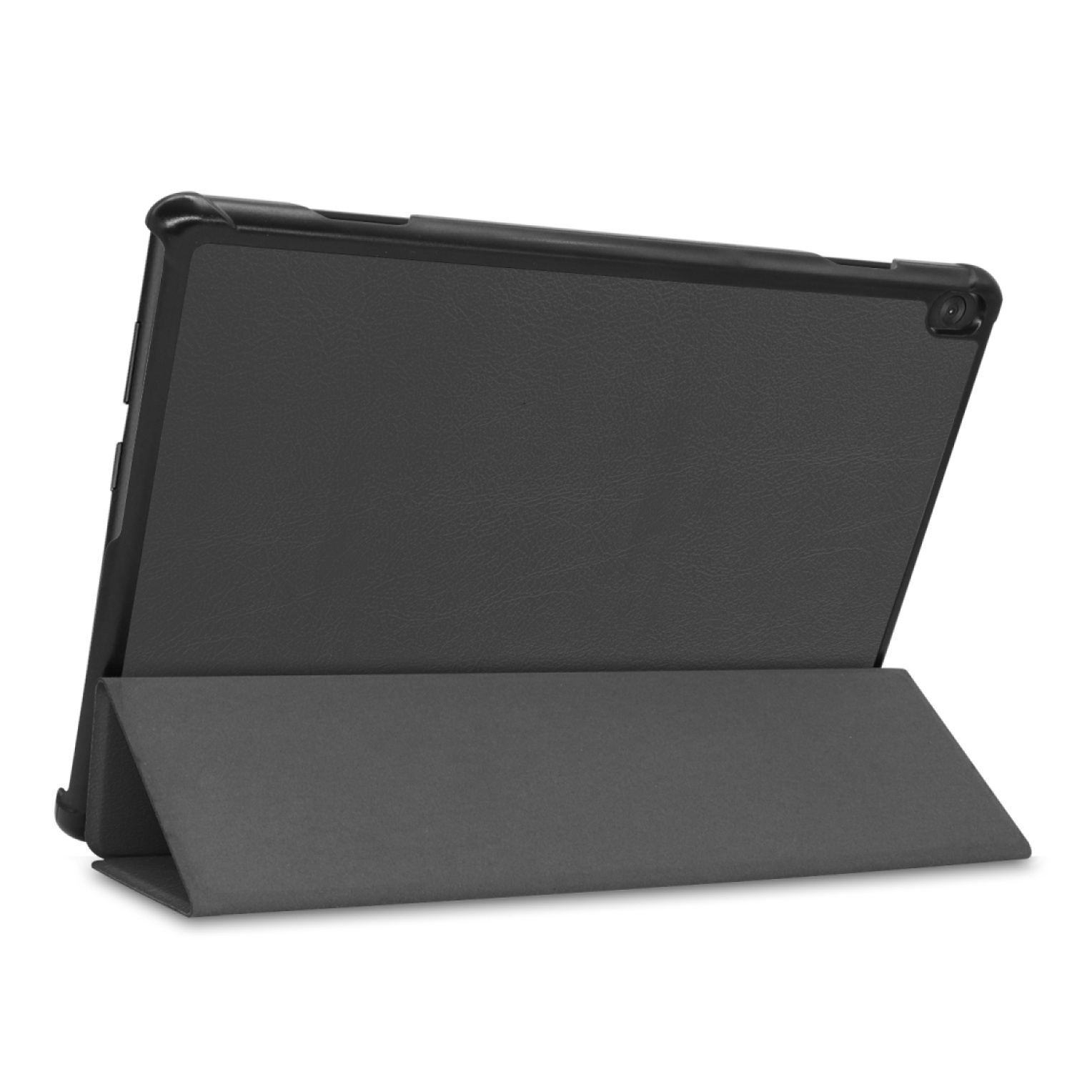 Schwarze Tablethülle mit Ständer. Die Hülle ist offen, der Bildschirm zeigt nach oben.