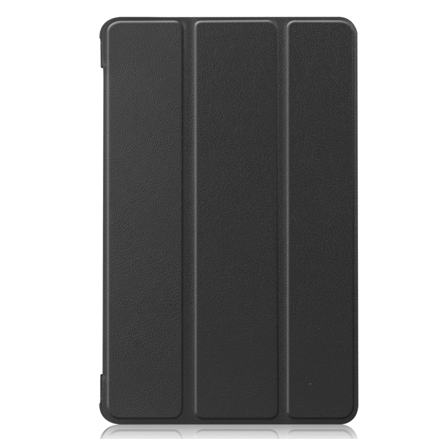 Schwarze Tablet-Hülle, geschlossen, mit drei vertikalen Linien. Weißer Hintergrund.