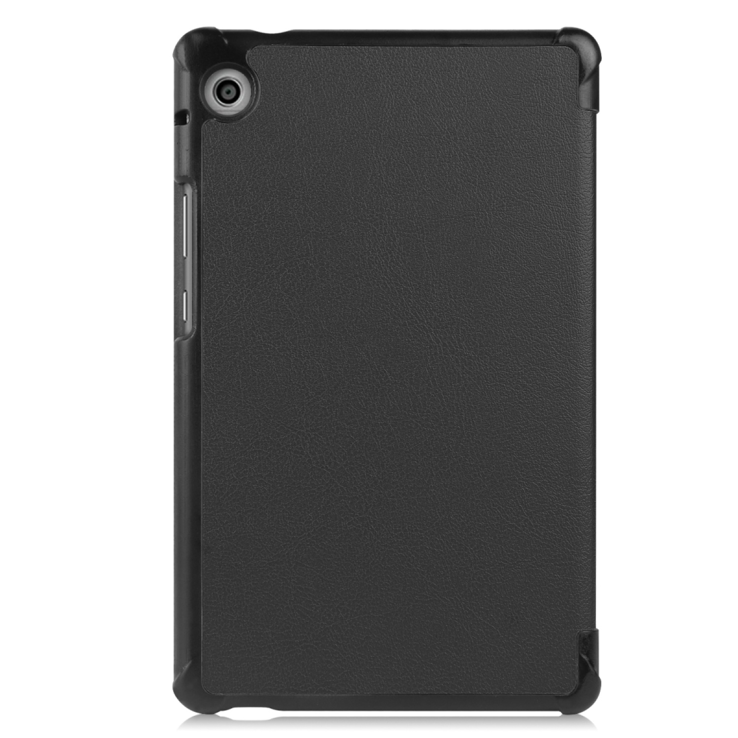 Schwarze Tablet-Hülle. Sie hat eine Kamera oben links.