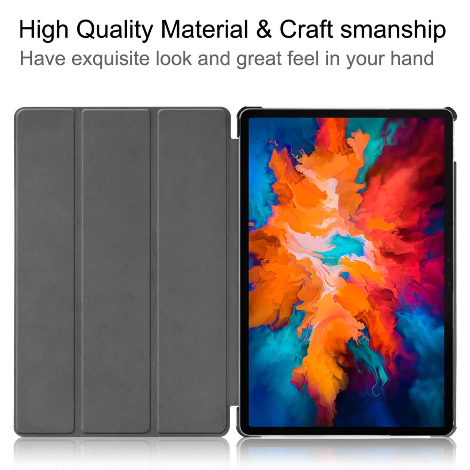 Tablet-Hülle, offen, mit Tablet. Text: Hochwertiges Material und Verarbeitung.