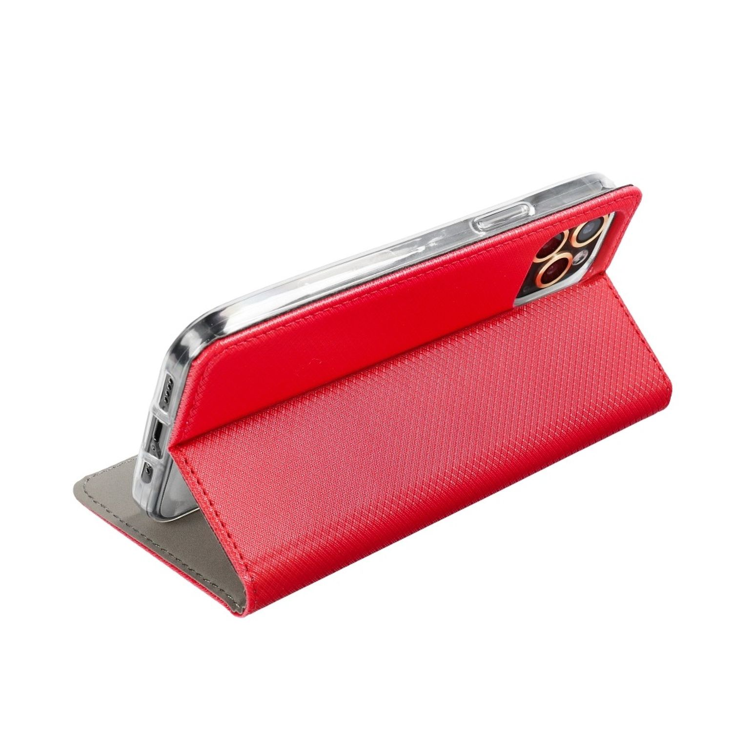 Rote Handyhülle mit Telefon darin, hochgestellt.