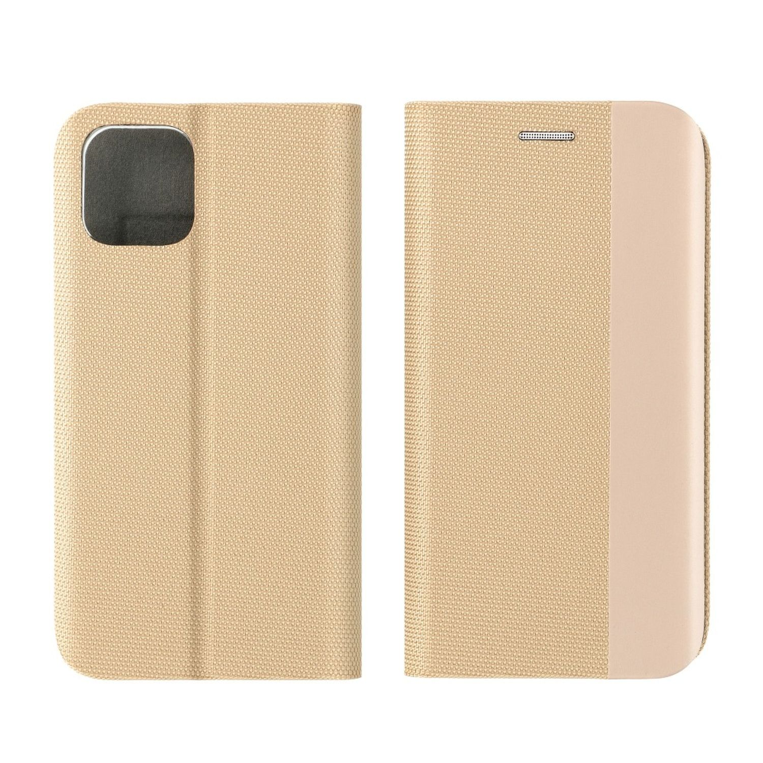Beige Handyhülle, offen, mit dunklem quadratischem Kameraausschnitt.